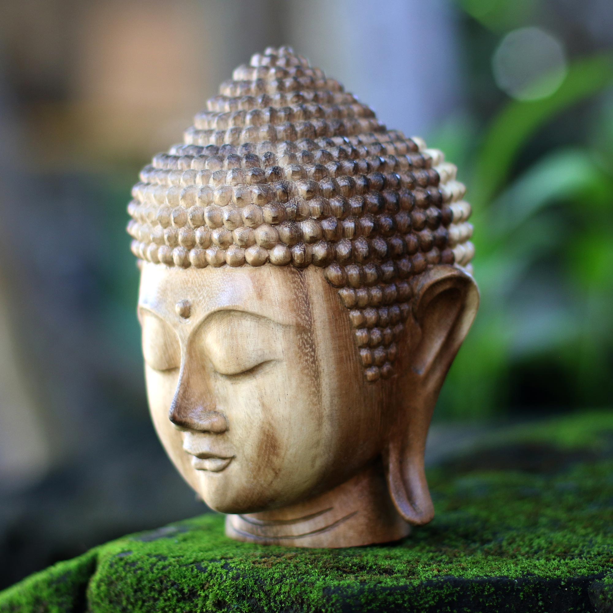 Premium Hand-Carved Suar Wood Buddha Head Sculpture - Serene Art from Bali