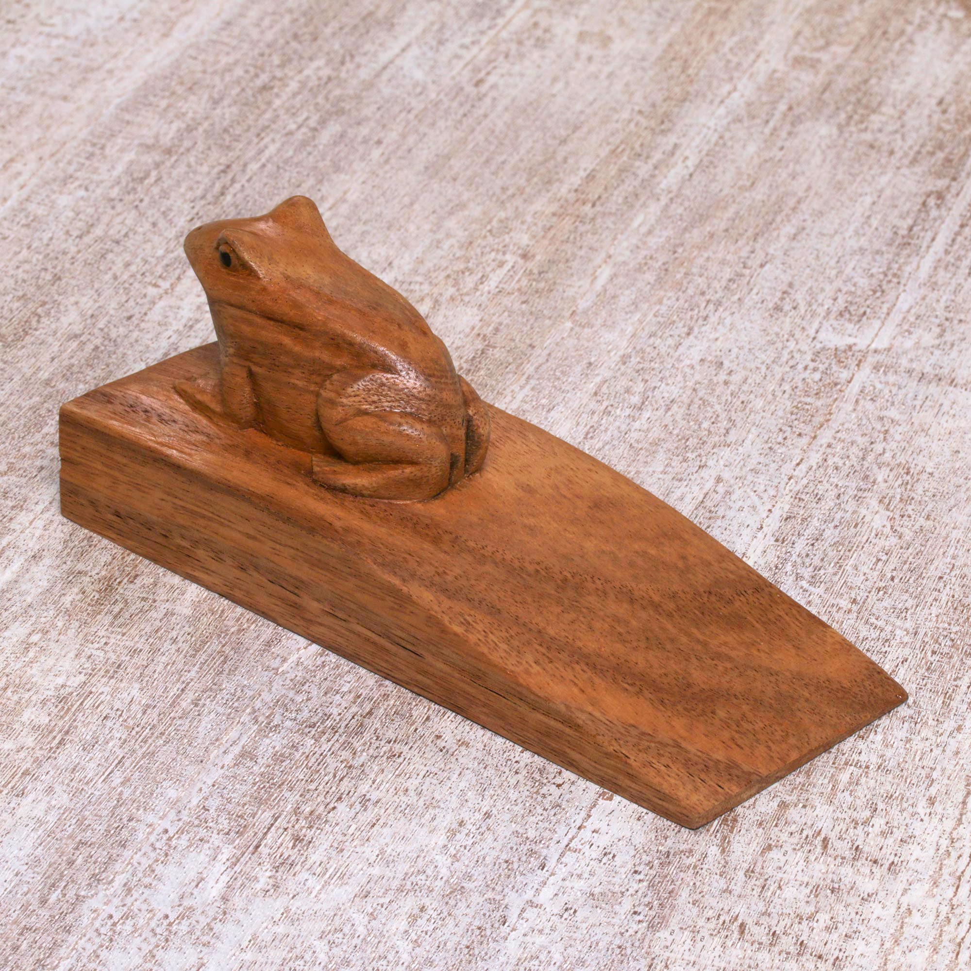 Premium Handcrafted Suar Wood Frog Doorstop with Brown Toad - Artisan Crafted in Bali