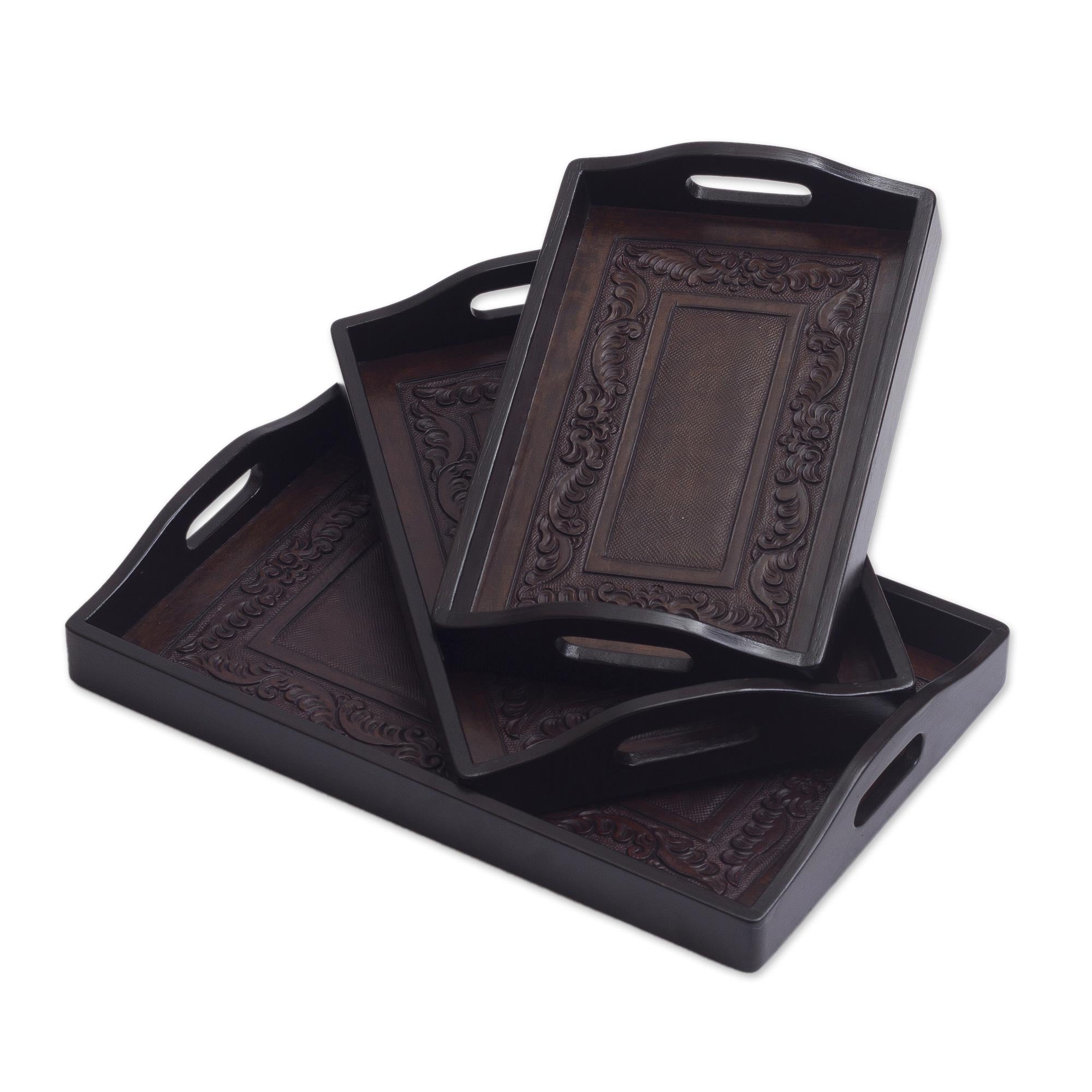 Premium Leather and Cedar Wood Serving Tray Set - Ultimate Collection (Set of 3)