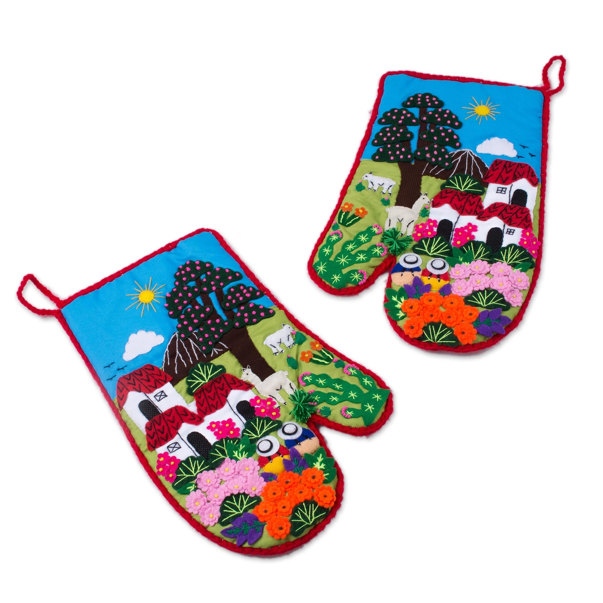 Premium Peruvian Cotton Blend Patchwork Oven Mitts - Handcrafted Decorative Pair