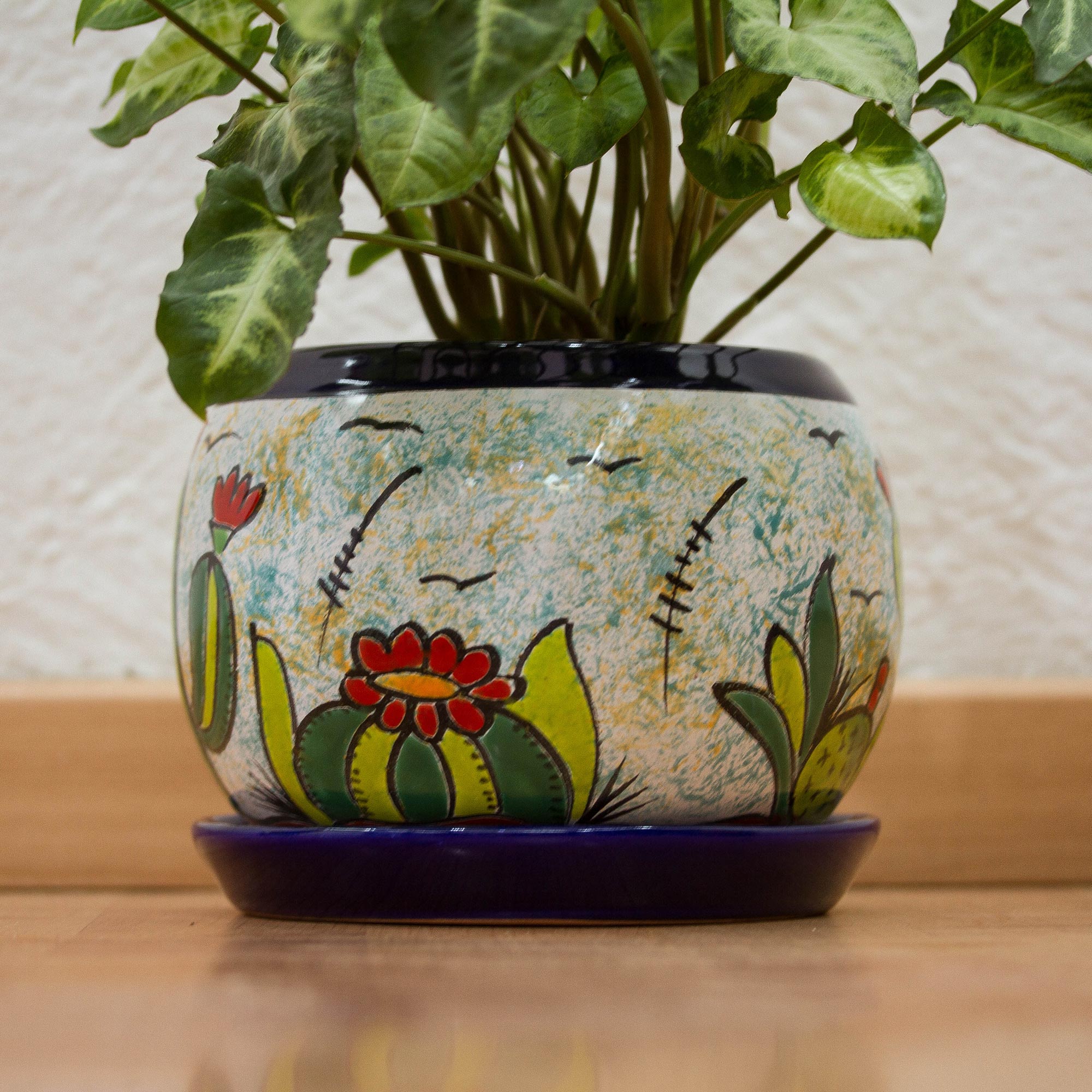 Premium Mexican Memories Handcrafted Ceramic Flower Pot with Vibrant Cactus Design