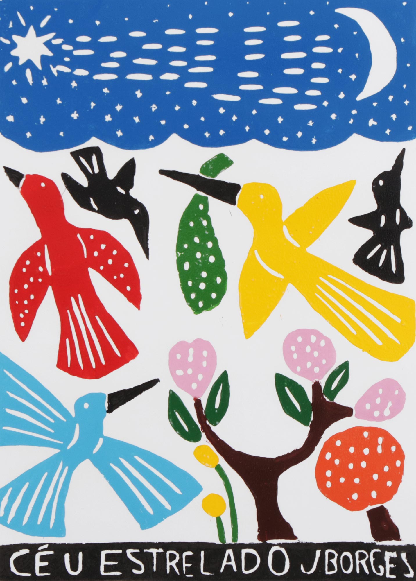 Premium Brazilian Woodcut Art: Starry Sky by J. Borges