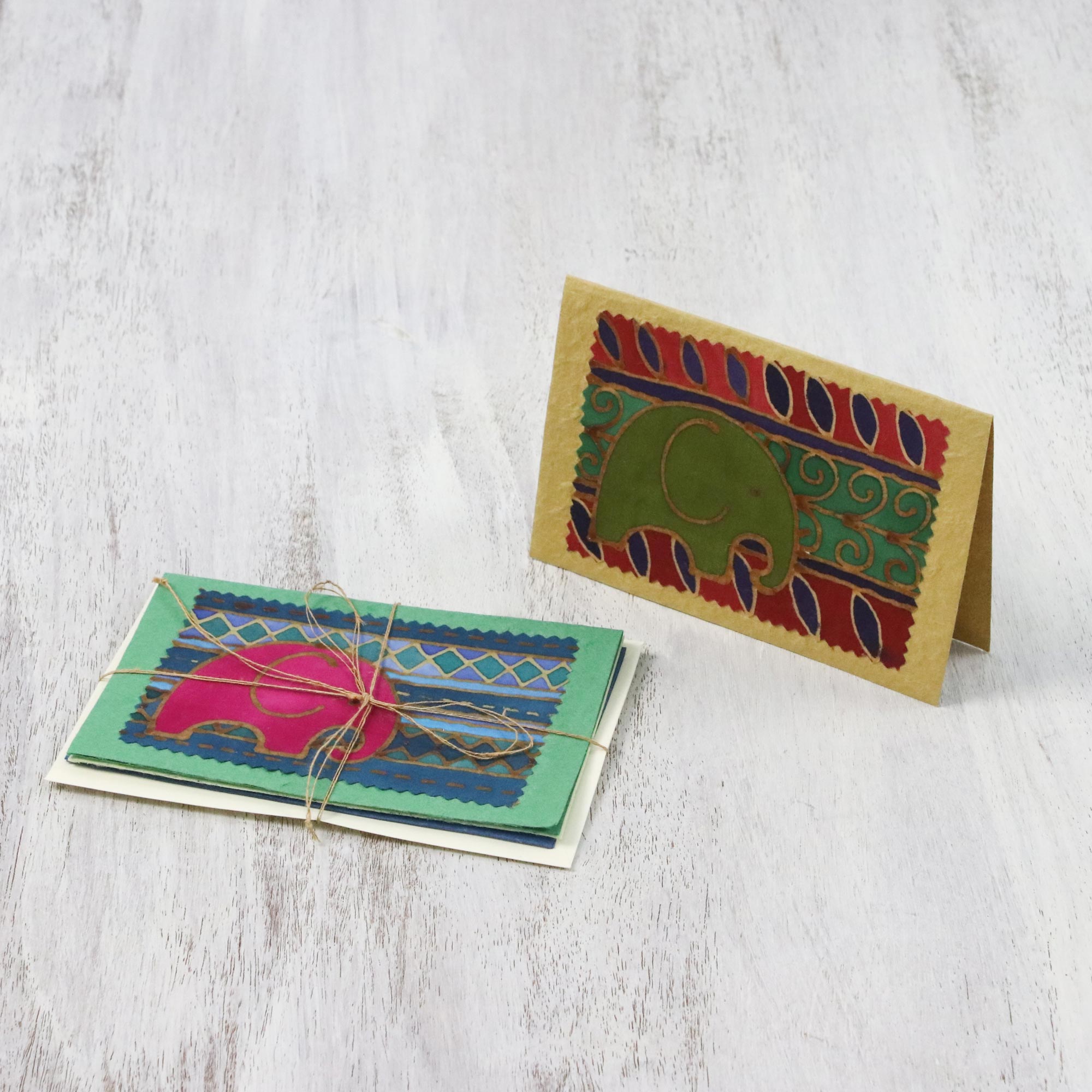 Premium Elephant Journeys Batik Cotton Greeting Card Set (4-Pack)