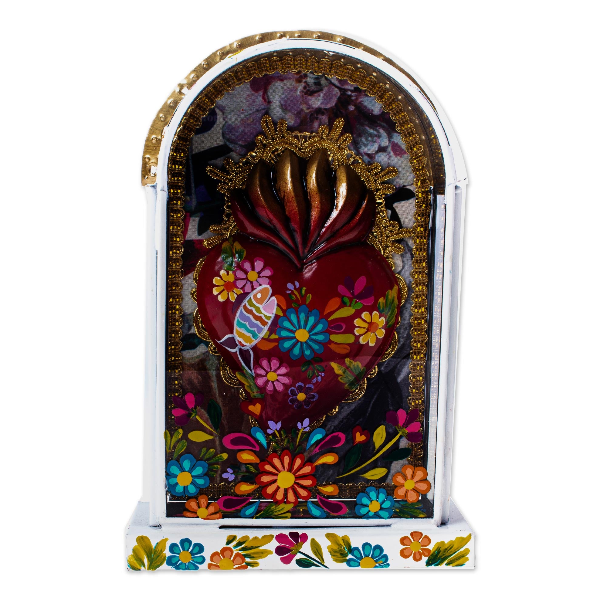 Premium Sacred Heart Wall Niche - Hand-Painted Wood & Tin Folk Art
