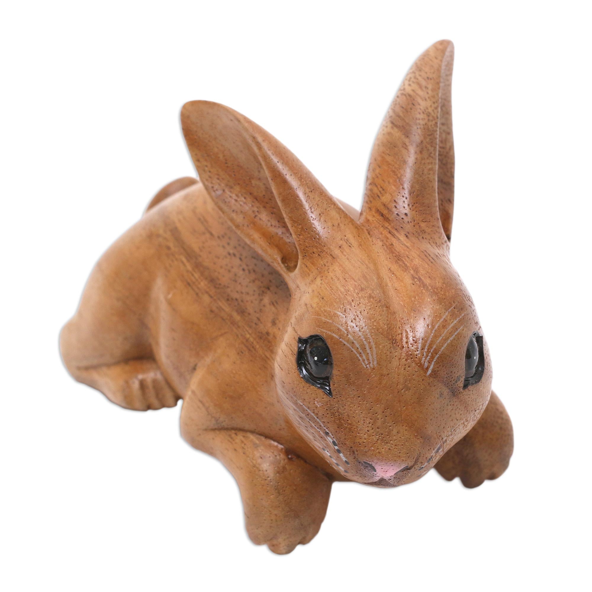 Premium Handcrafted Suar Wood Rabbit Sculpture from Bali - Curious Brown Rabbit