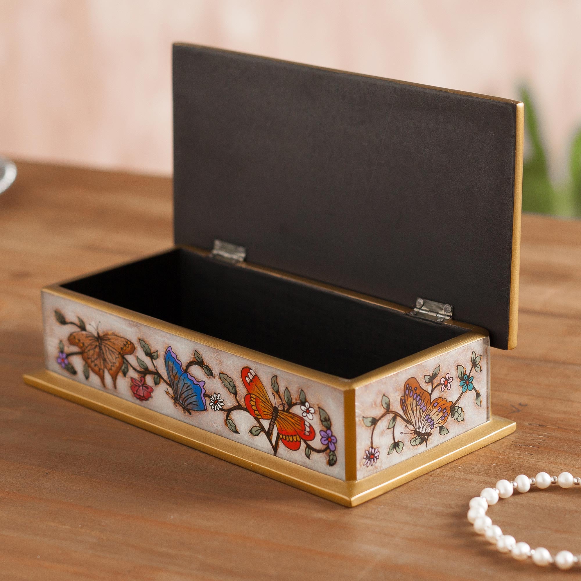 Premium Butterfly Jubilee Decorative Box in Bone Reverse Painted Glass