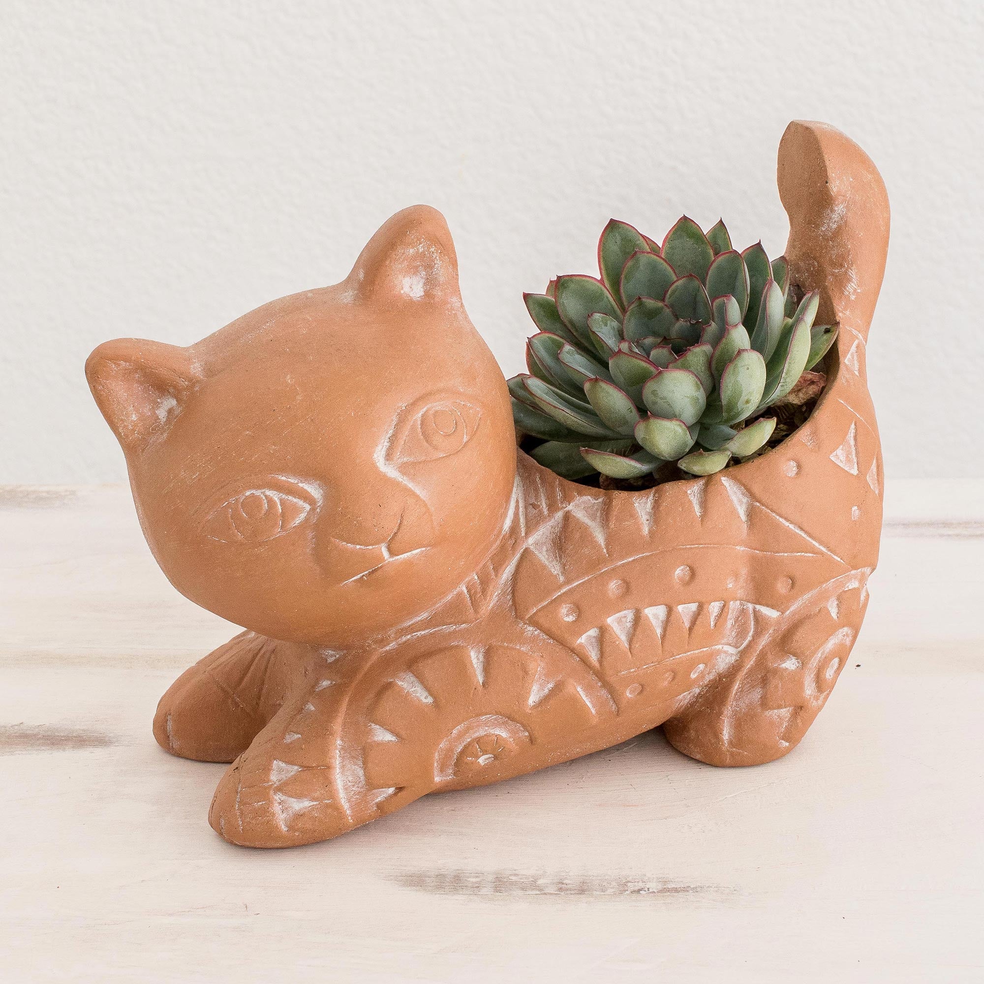 Premium Salvadoran Cat-Themed Ceramic Planter - Handcrafted Flower Pot