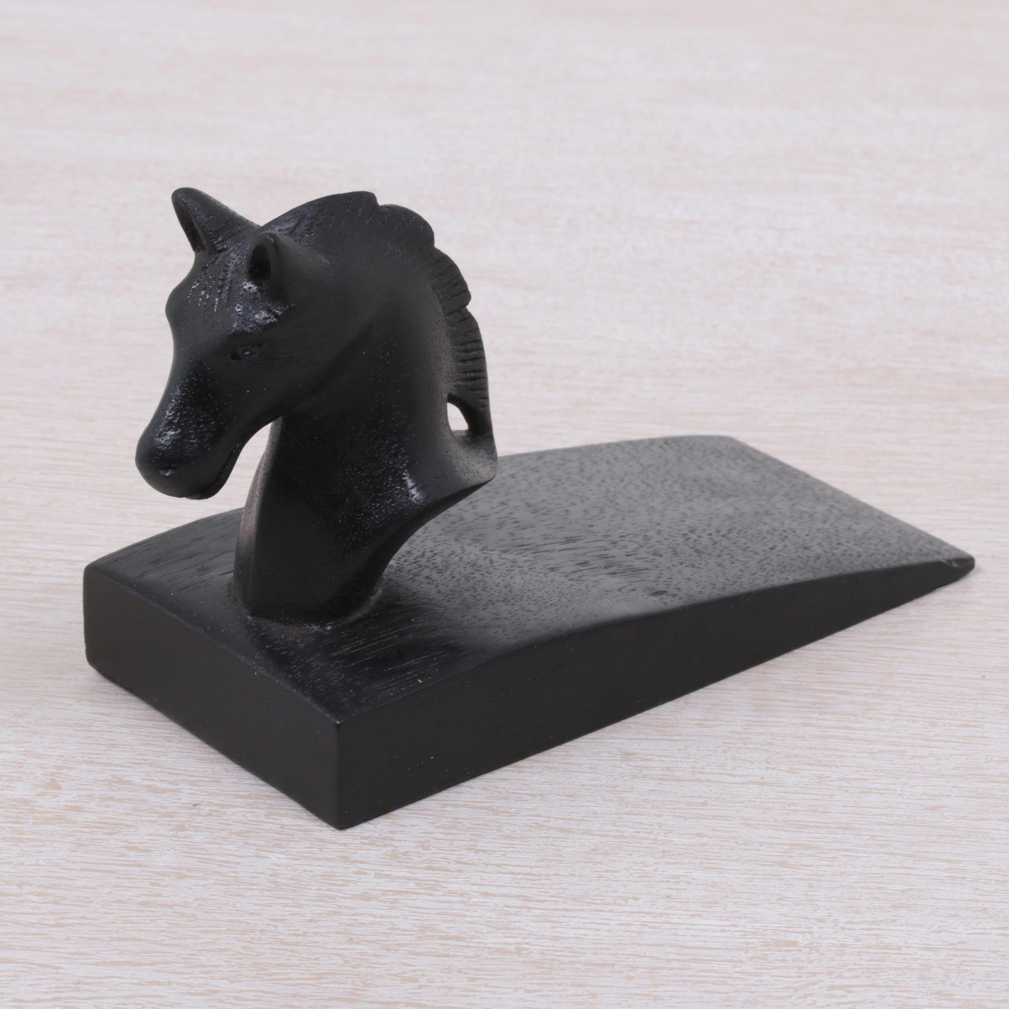 Premium Black Suar Wood Horse Door Stopper - Handcrafted in Bali