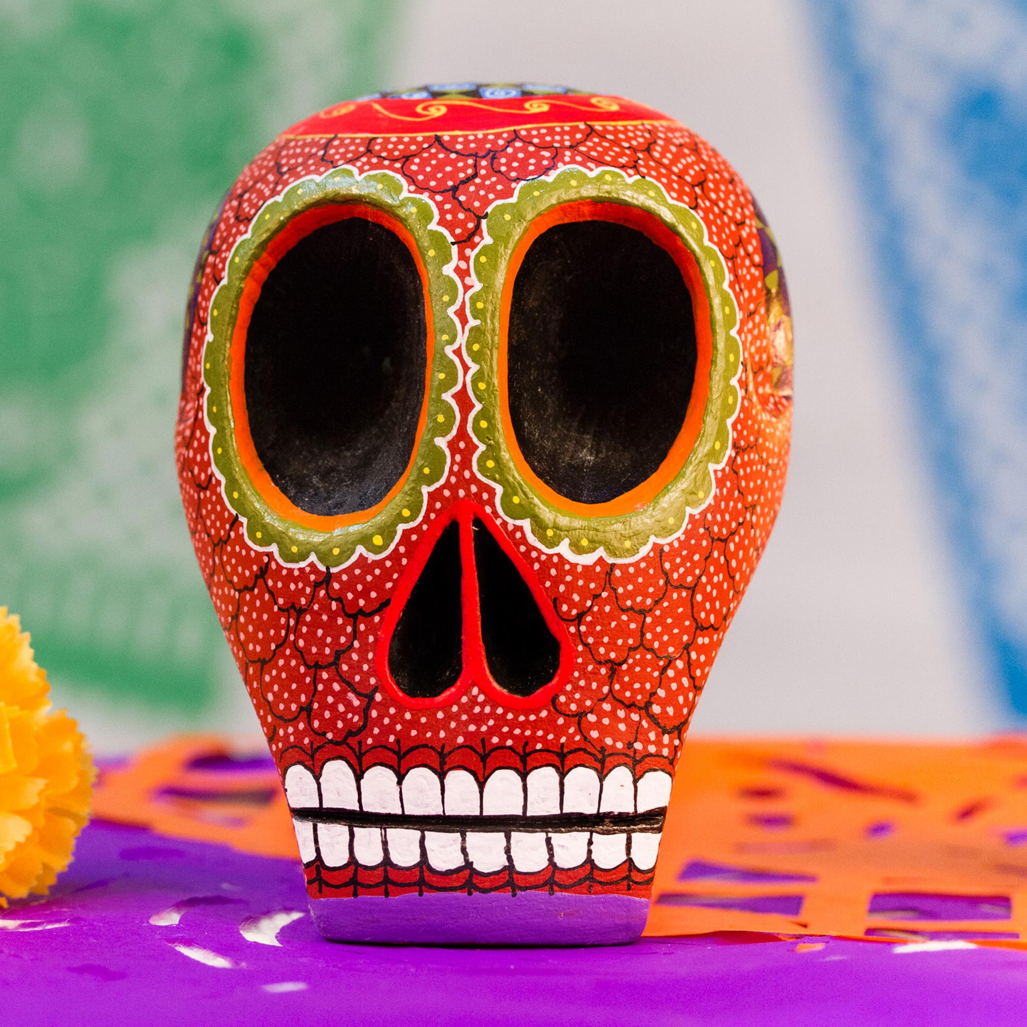Premium Mexican Hand-Painted Terracotta Wooden Skull Figurine - Ultimate Folk Art Decor