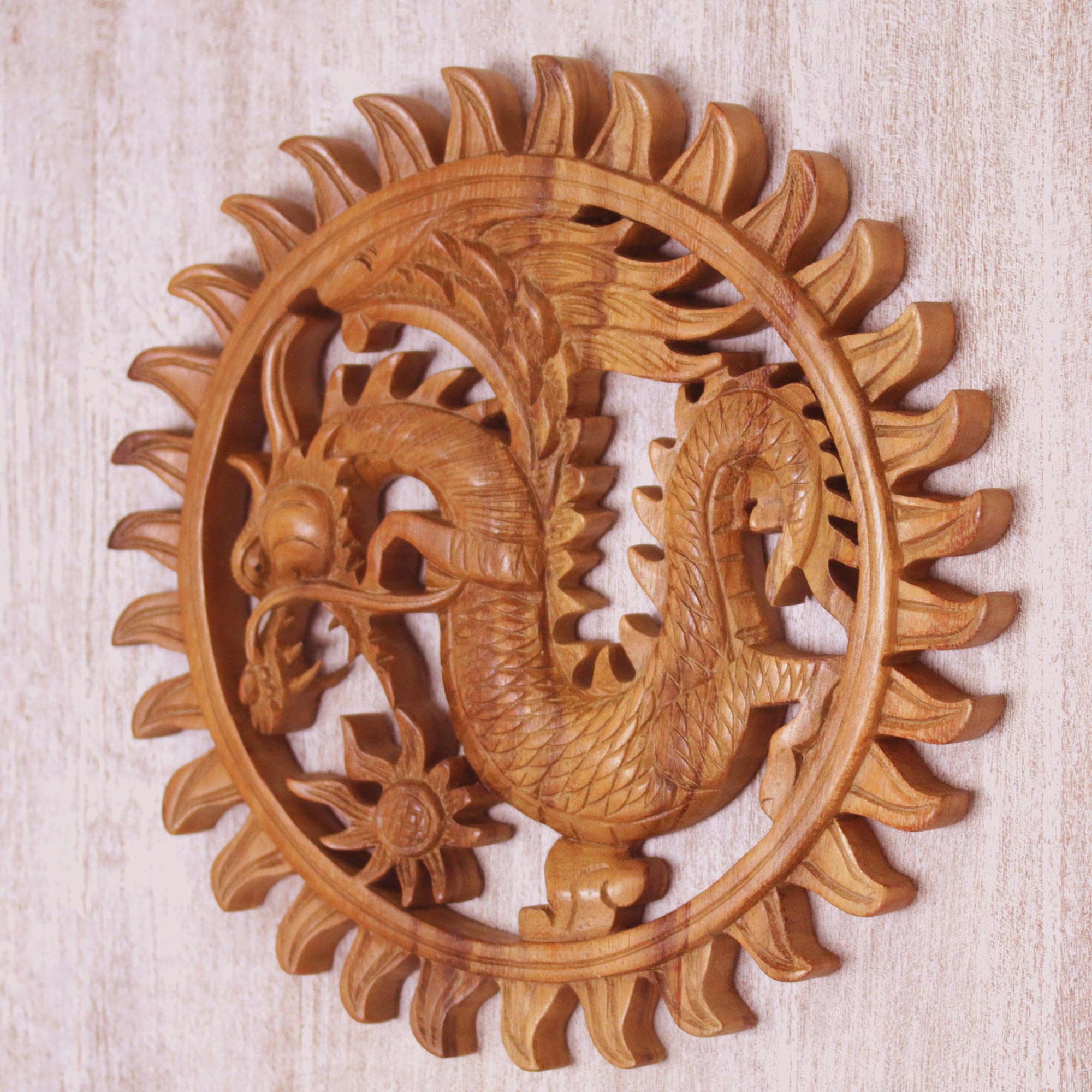 Premium Hand-Carved Balinese Dragon Wood Relief Panel – Circular Suar Wood Art