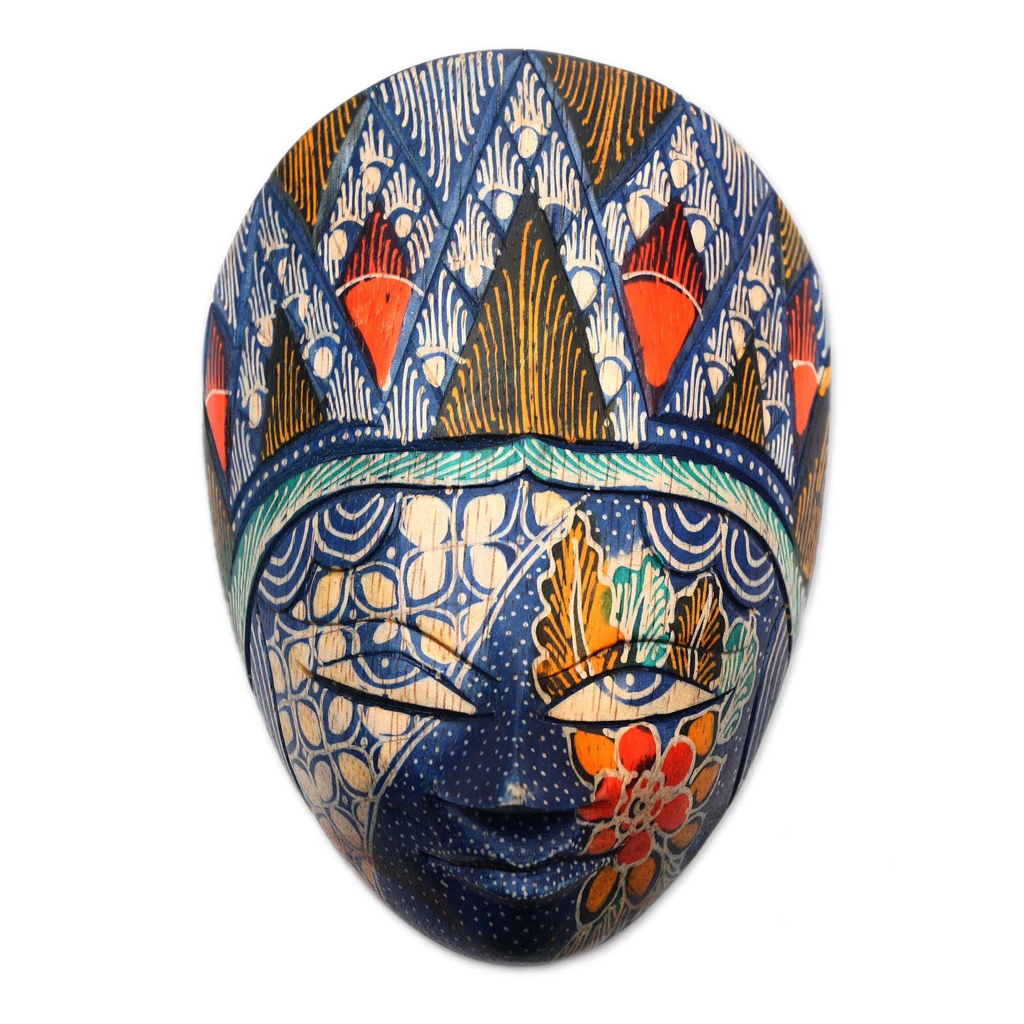 Premium Blue Princess Batik Wood Mask - Handcrafted Java Art