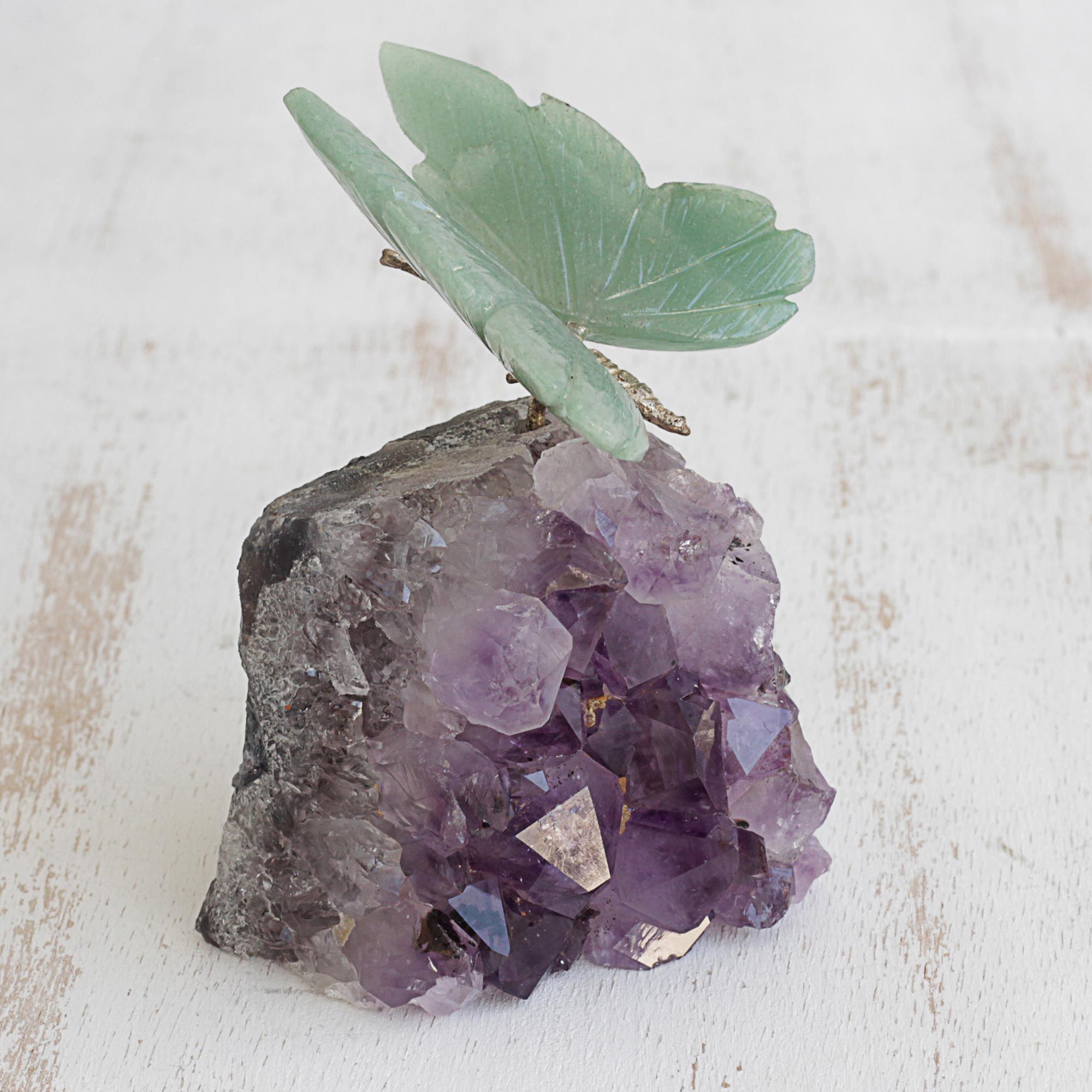 Premium Verdant Wings Butterfly Sculpture: Quartz & Amethyst Gemstone Art