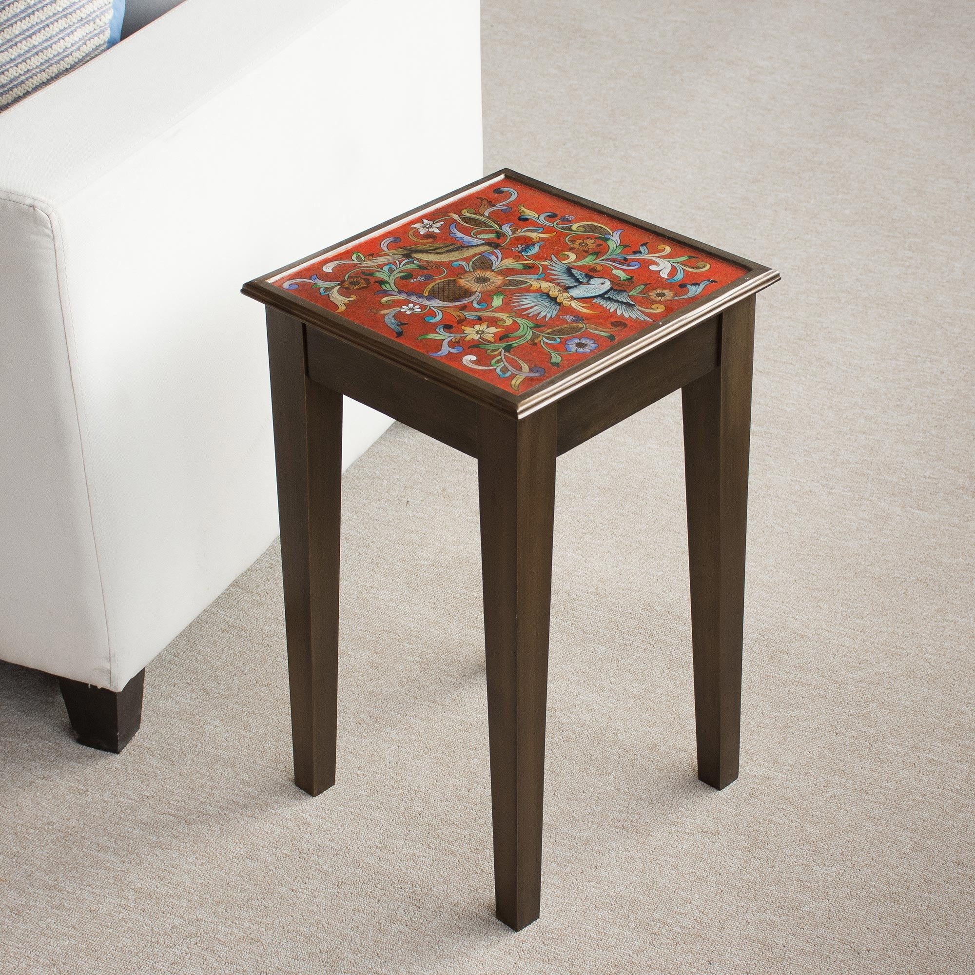 Premium Reverse-Painted Glass Accent Table with Floral and Bird Motif