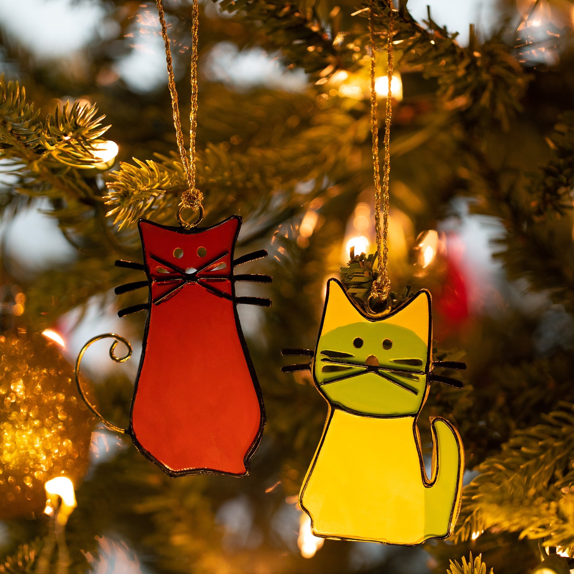Premium Handmade Glass Cat Ornaments - Set of 2 | Unique Holiday Decor
