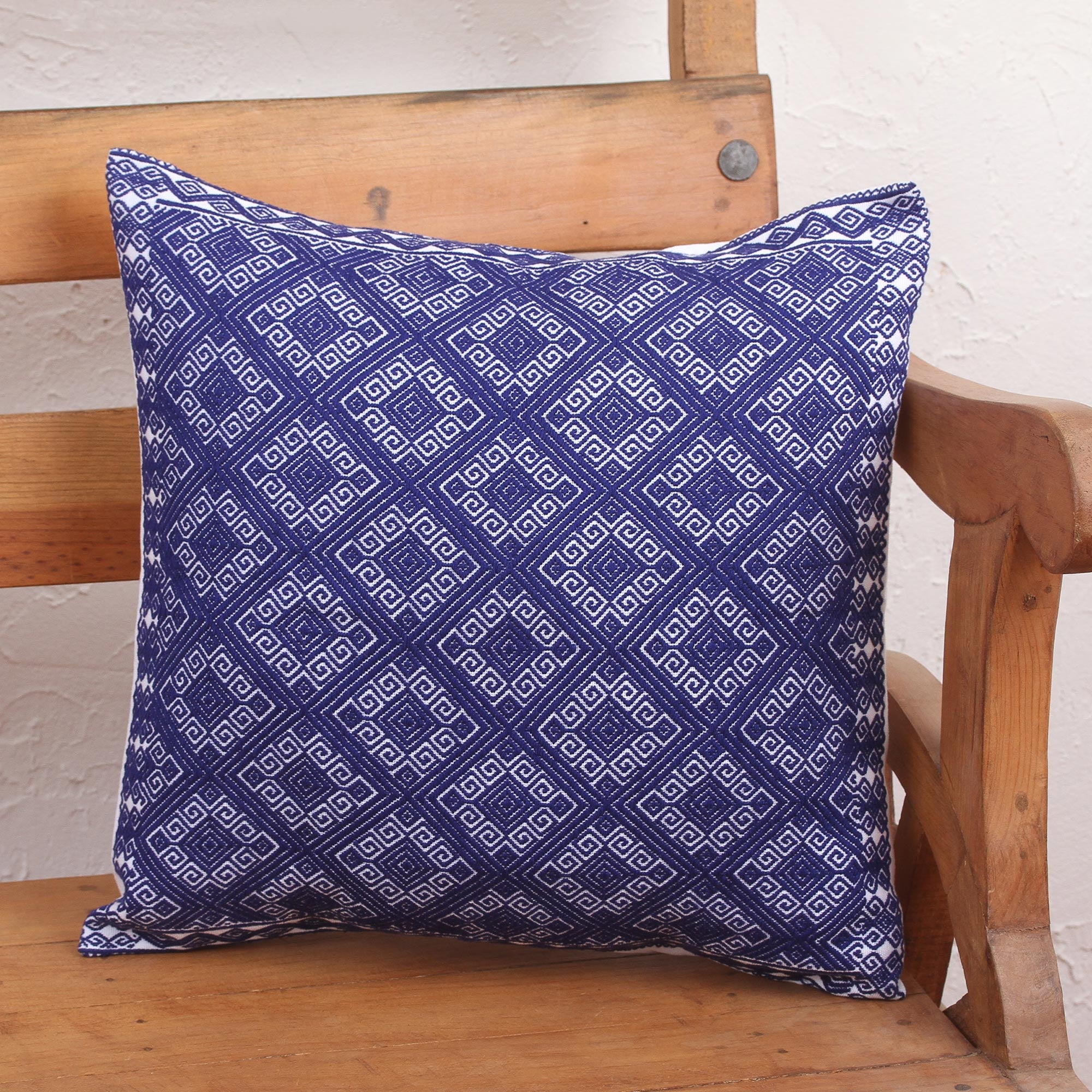 Premium Handwoven Navy & White Brocade Cotton Cushion Cover