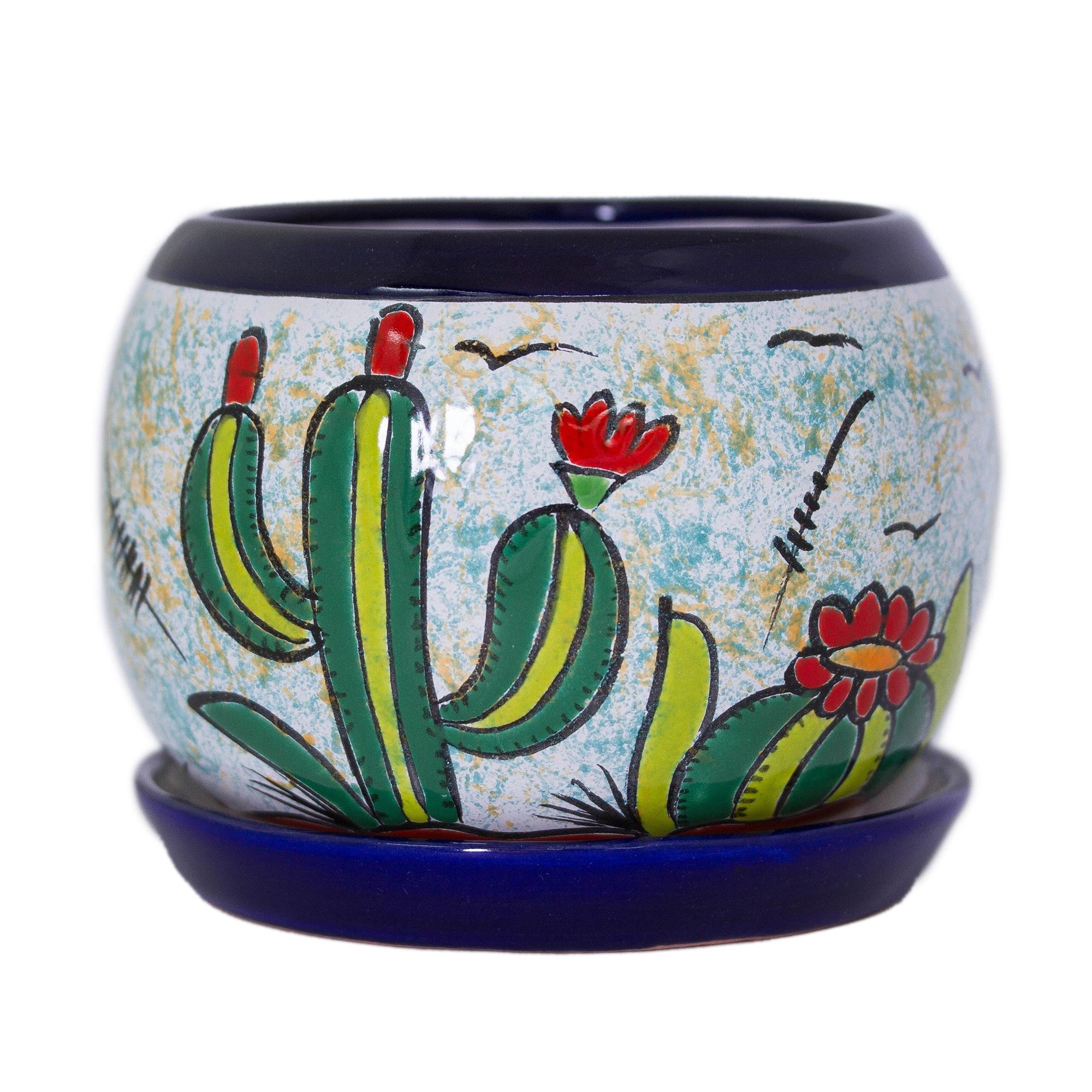 Premium Mexican Memories Handcrafted Ceramic Flower Pot with Vibrant Cactus Design