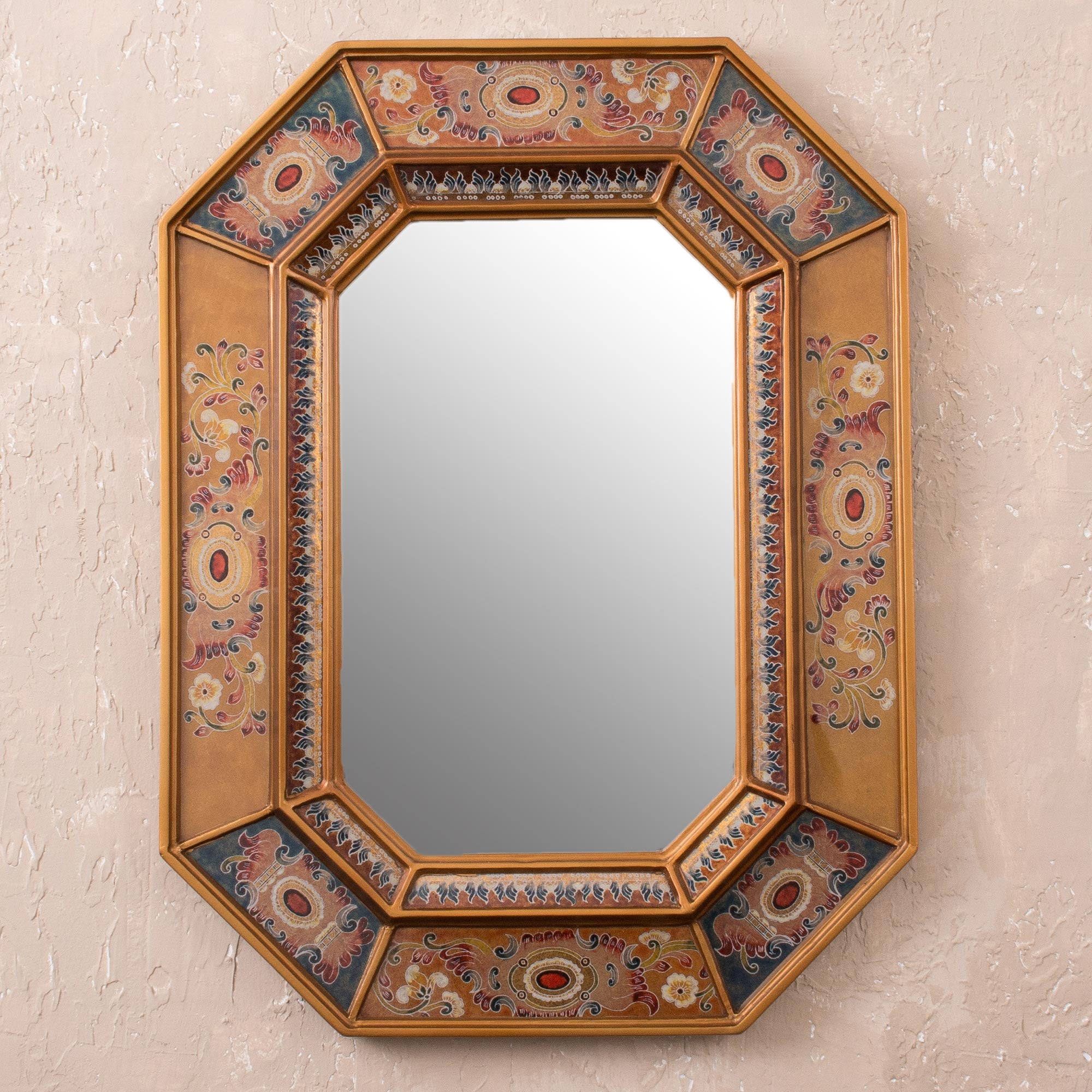 Premium Colonial Majesty Floral Reverse-Painted Glass Wall Mirror – Handcrafted in Peru