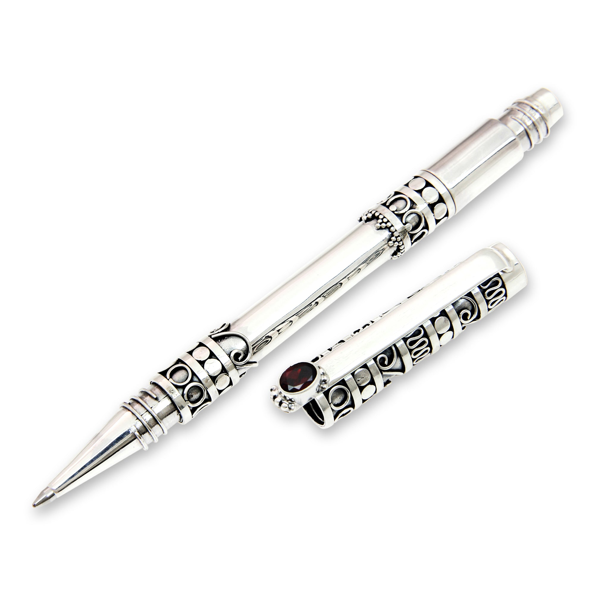 Premium Silver & Garnet Ballpoint Pen - Handmade Elegance