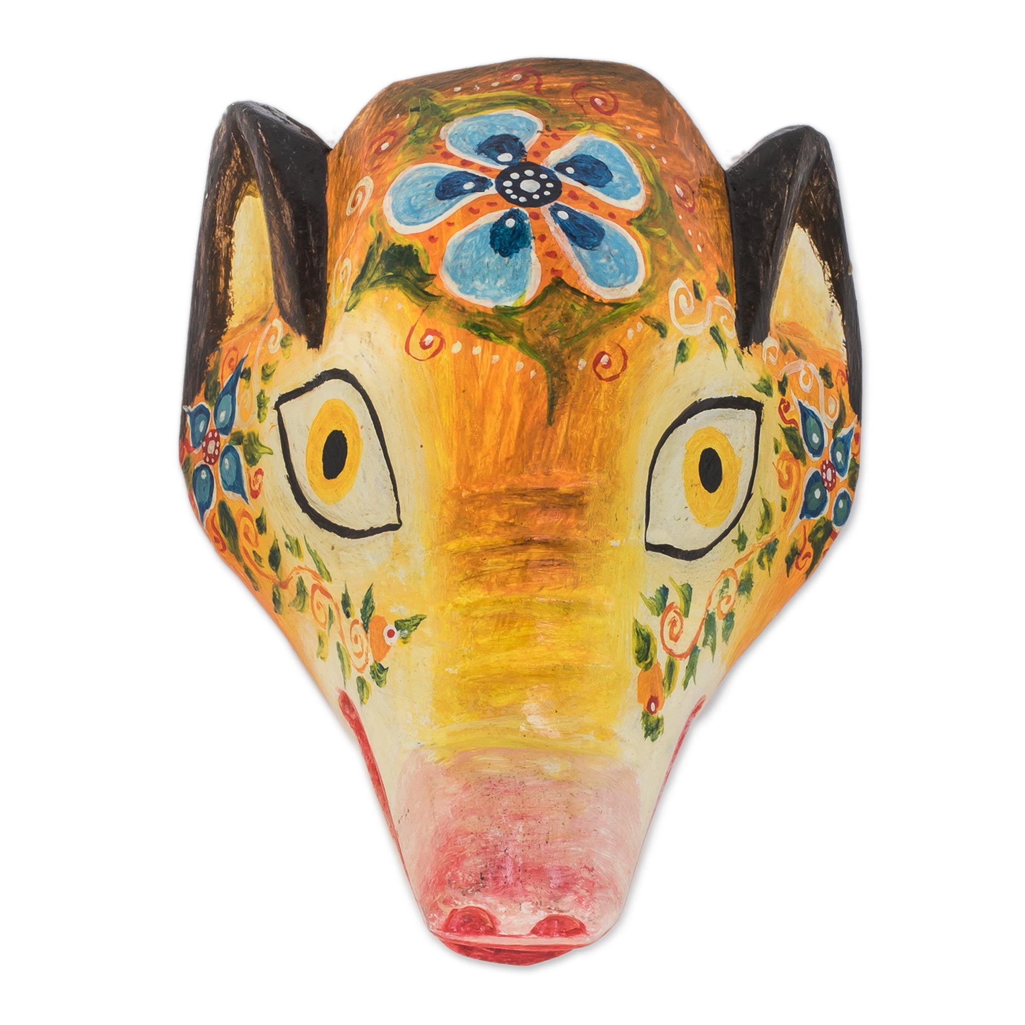 Premium Hand-Painted Floral Piglet Wall Mask - Authentic Guatemalan Pinewood Art