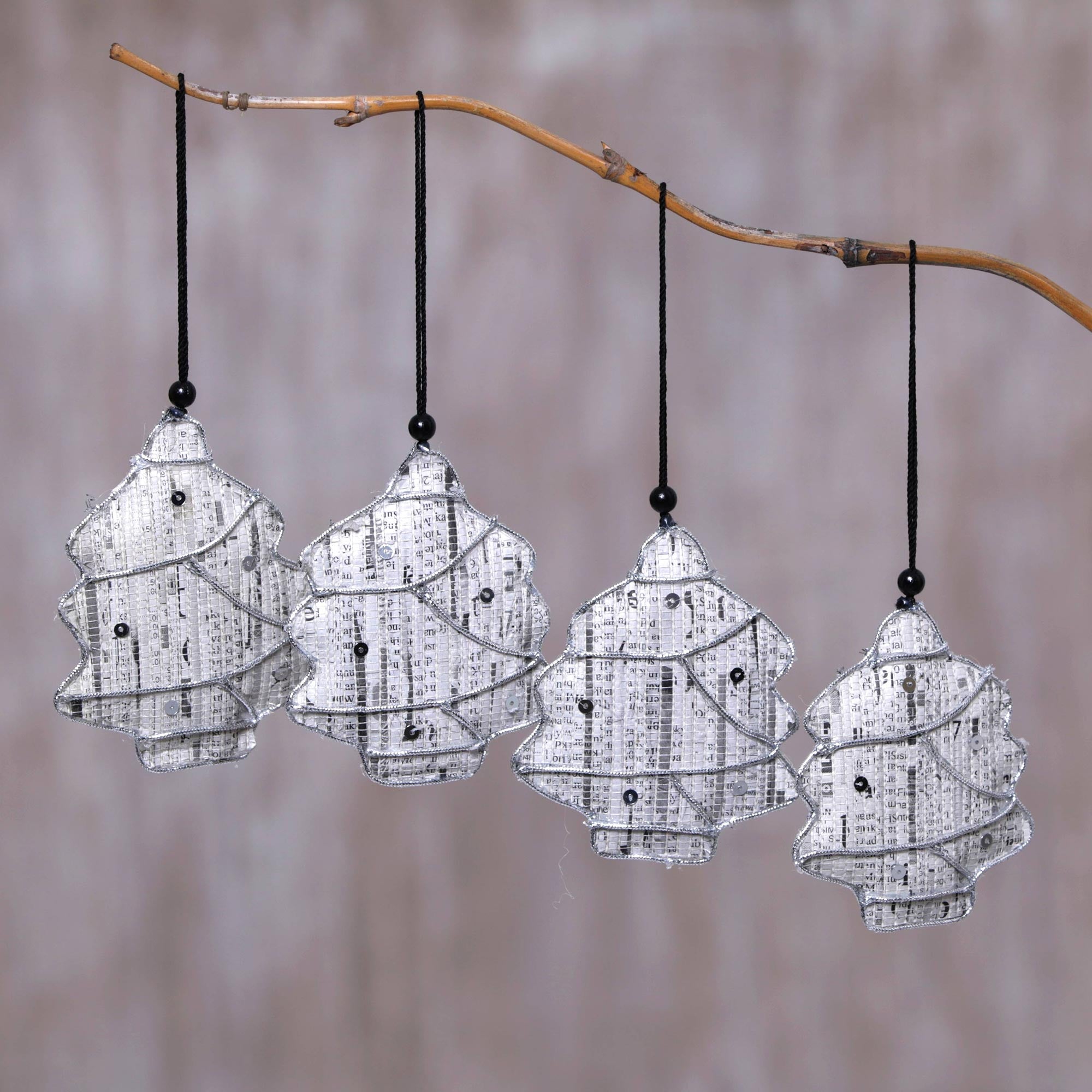 Premium Eco-Friendly Recycled Newspaper Holiday Ornaments (Set of 4) – Handcrafted Tree-Shaped Decor