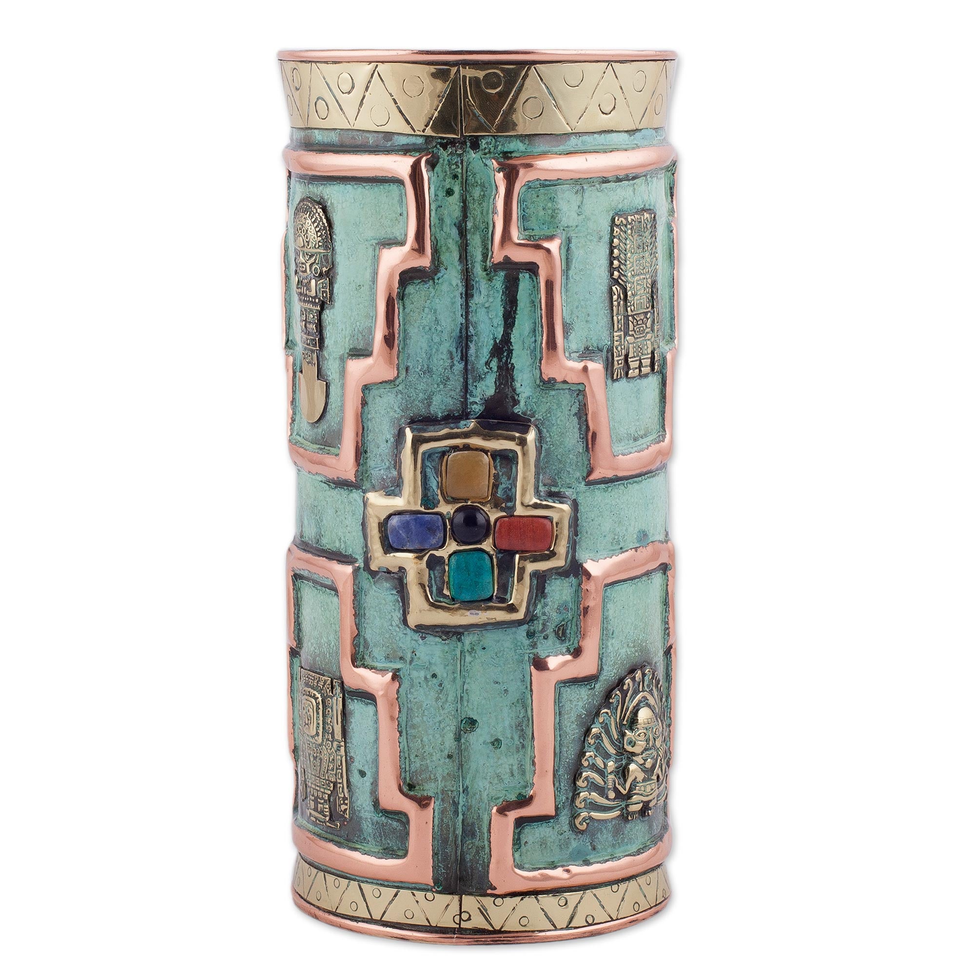 Premium Andean Warrior Gemstone Vase - Handcrafted Copper Art from Peru