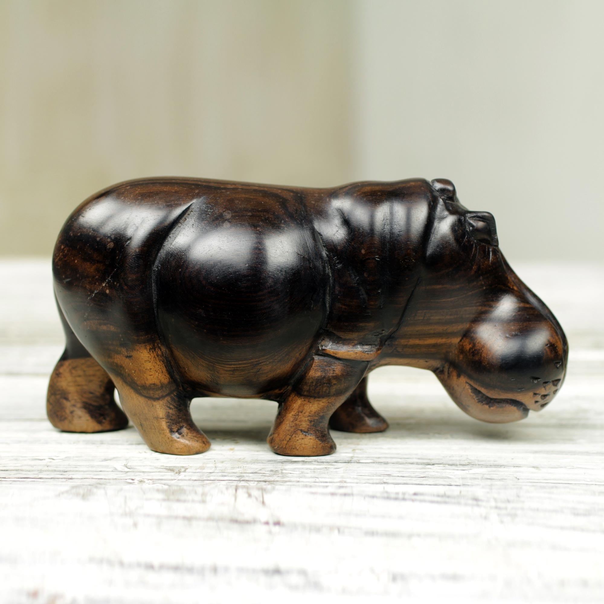 Premium Hand-Carved Teak Wood Hippo Sculpture from Ghana – Majestic Artisan Craft