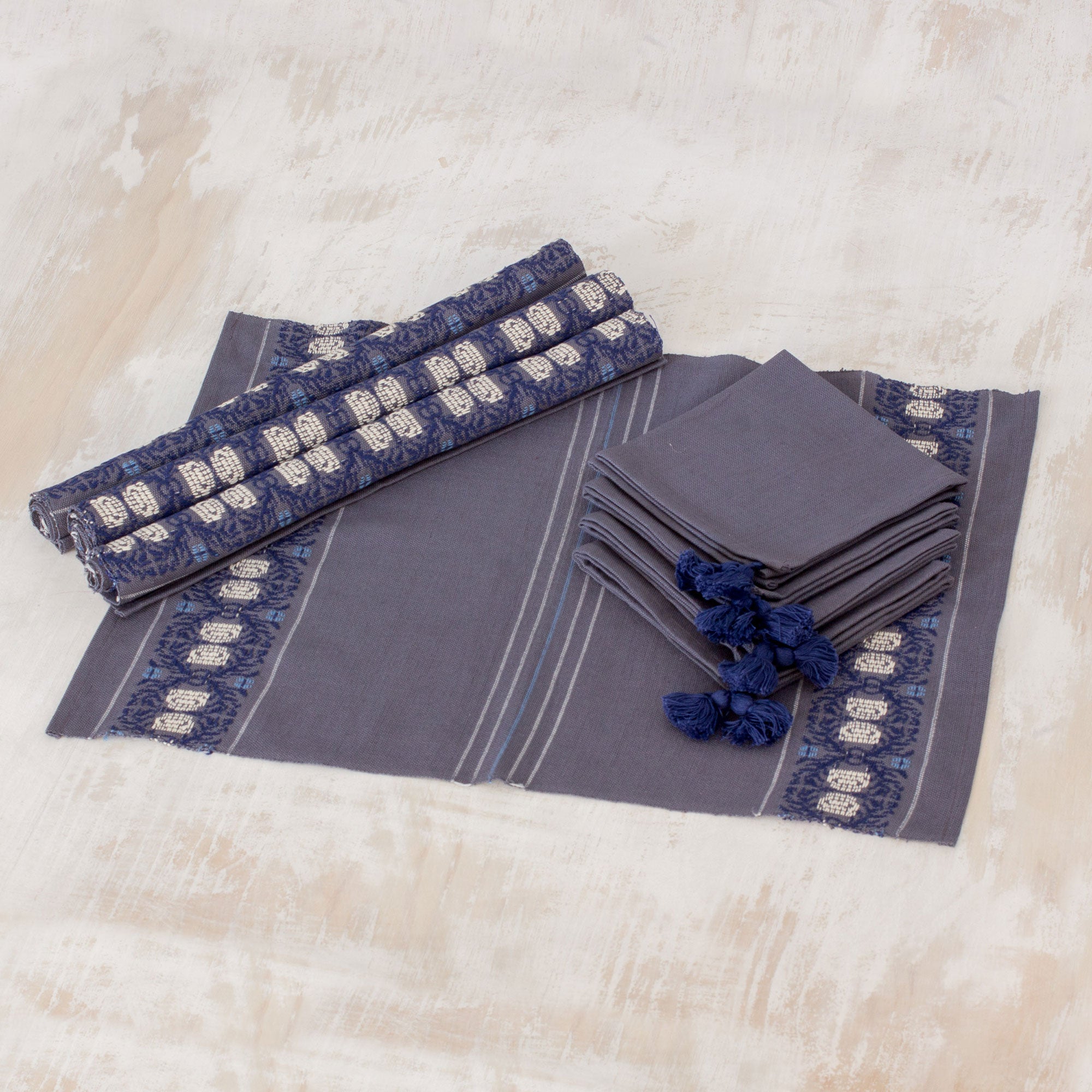 Premium Striped Cotton Table Linen Set (4-Piece) - Handwoven in Graphite by Guatemalan Artisans