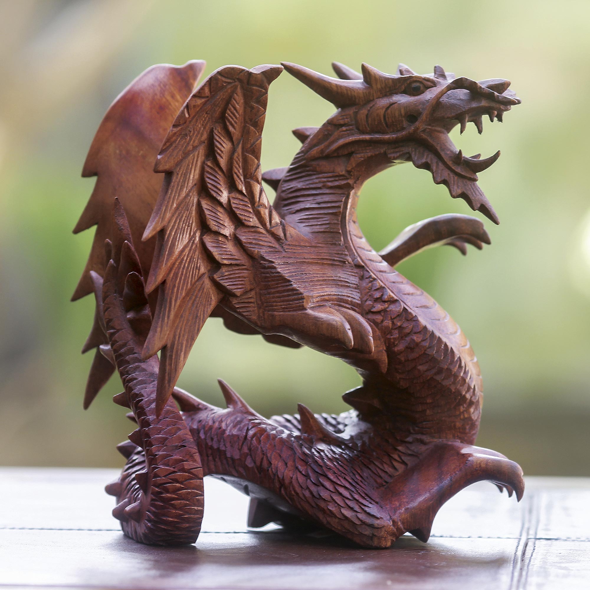 Premium Hand-Carved Winged Dragon Sculpture in Suar Wood