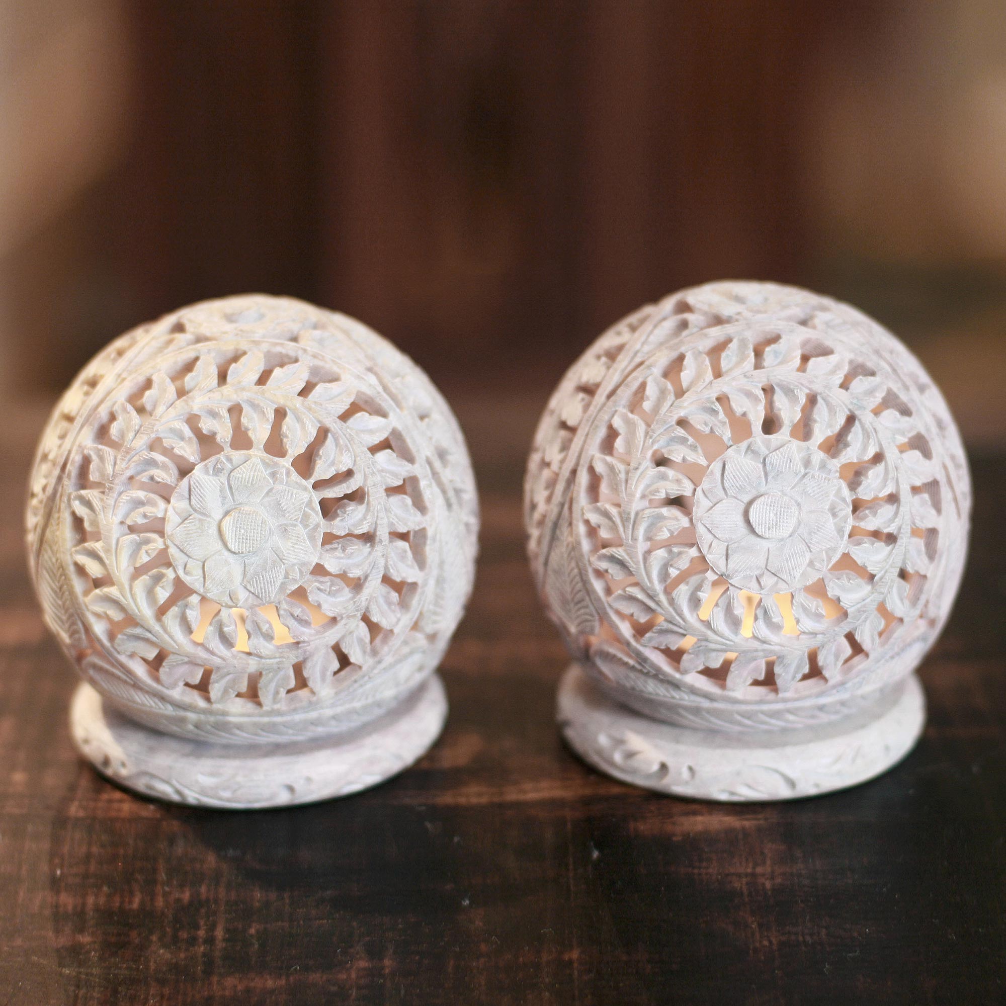 Premium Hand-Carved Soapstone Candle Holders - World is a Flower Design (Pair)