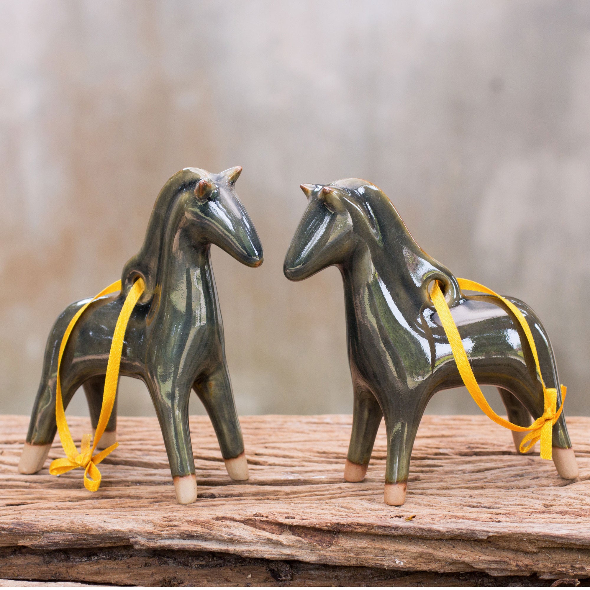Premium Handmade Celadon Ceramic Blue Winter Horse Christmas Ornaments (Pair)