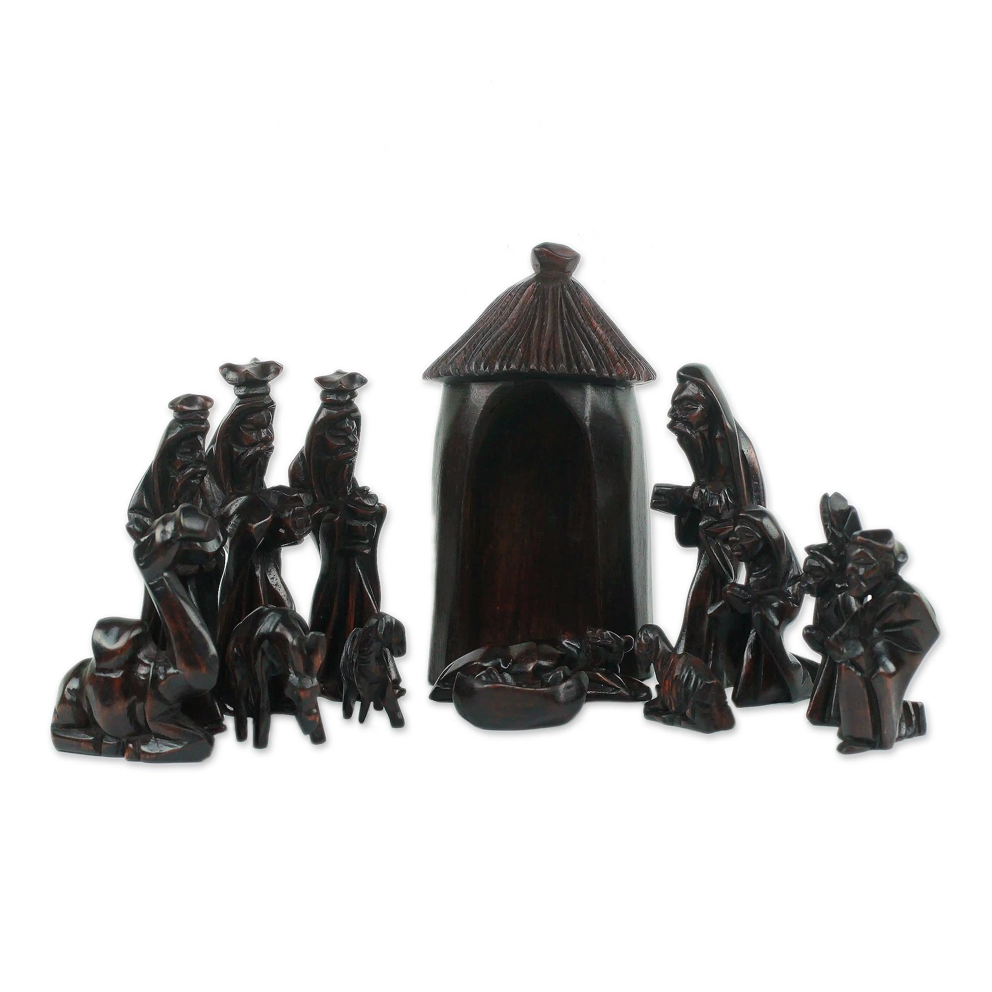 Premium Handcrafted Teak Wood Nativity Scene Sculpture - 14 Piece Set by Ghanaian Artisan