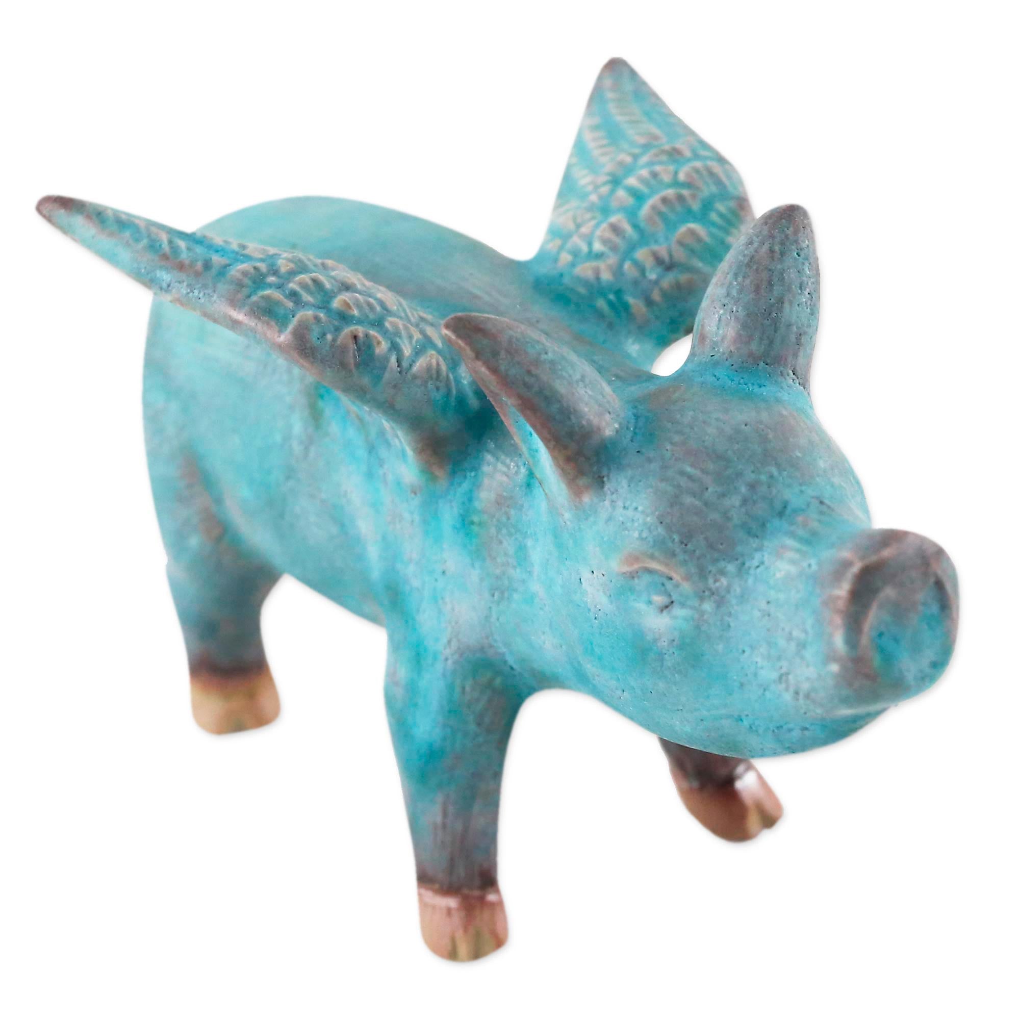 Premium Blue Flying Pig Ceramic Sculpture - Handcrafted Artisan Decor