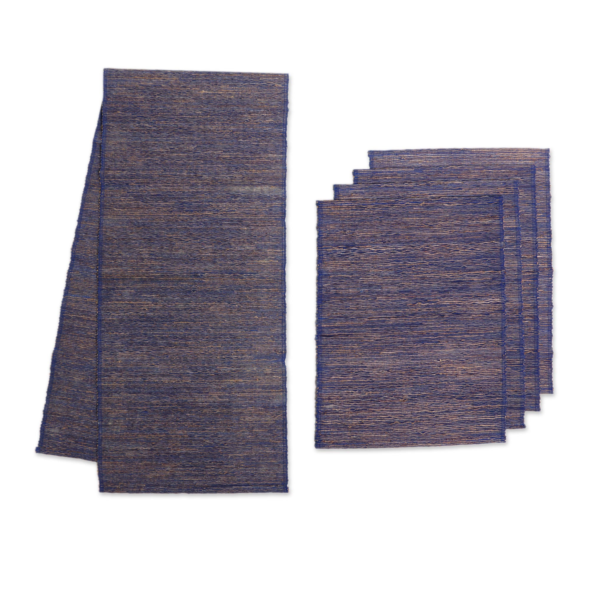 Premium Blue Fiber & Cotton Blend Table Runner and Placemats Set