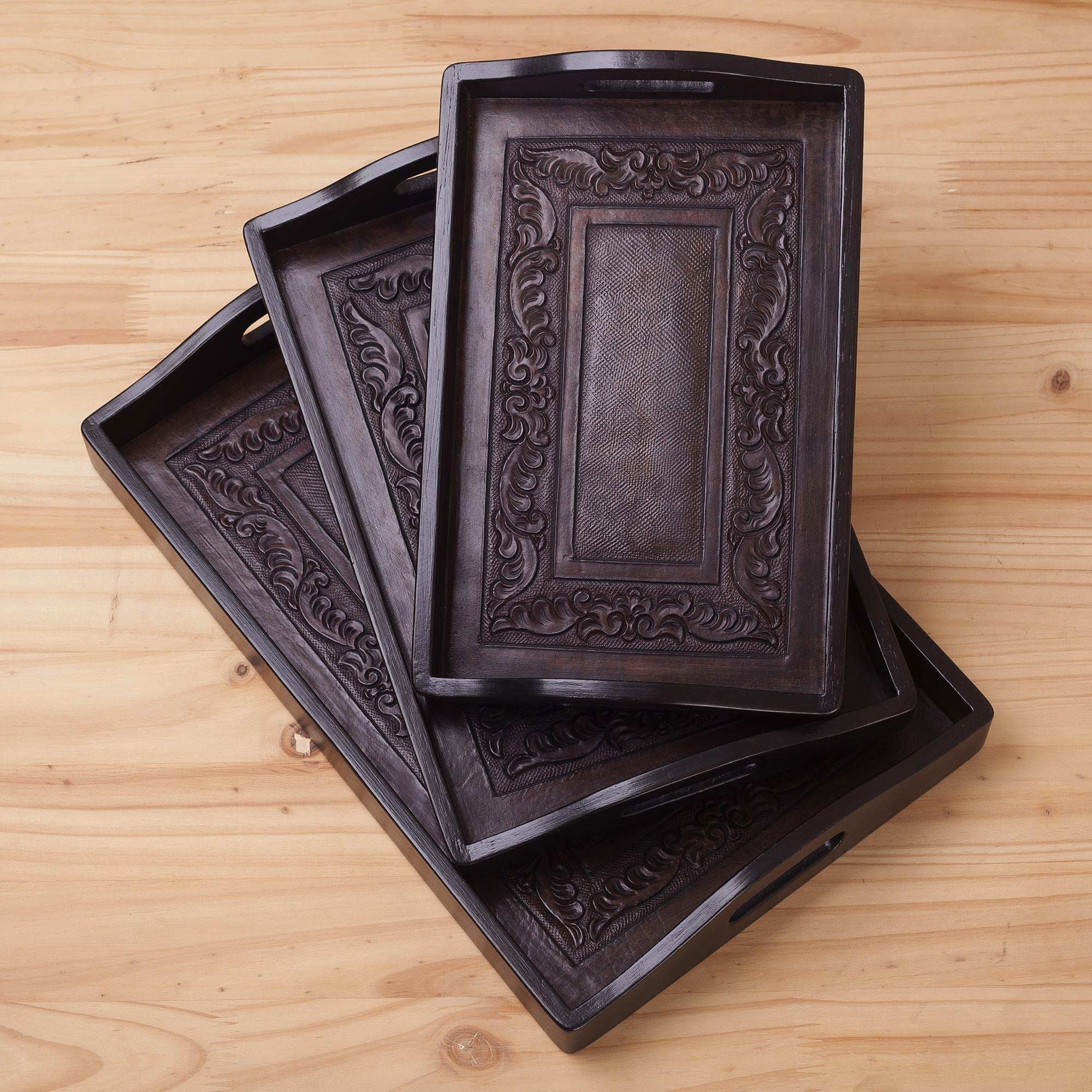 Premium Leather and Cedar Wood Serving Tray Set - Ultimate Collection (Set of 3)