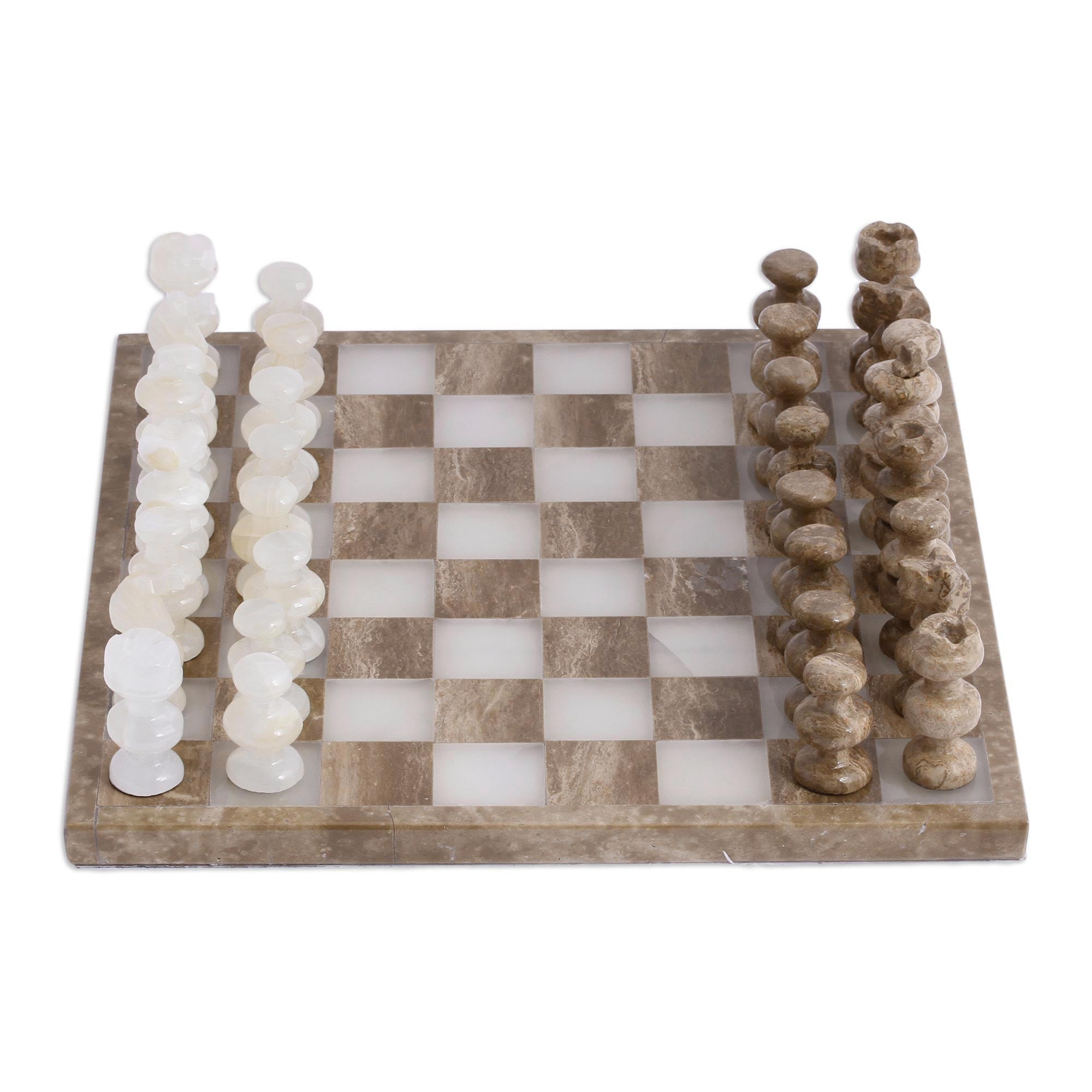 Premium Hand-Carved Brown & Ivory Onyx and Marble Chess Set - Crafted in Mexico