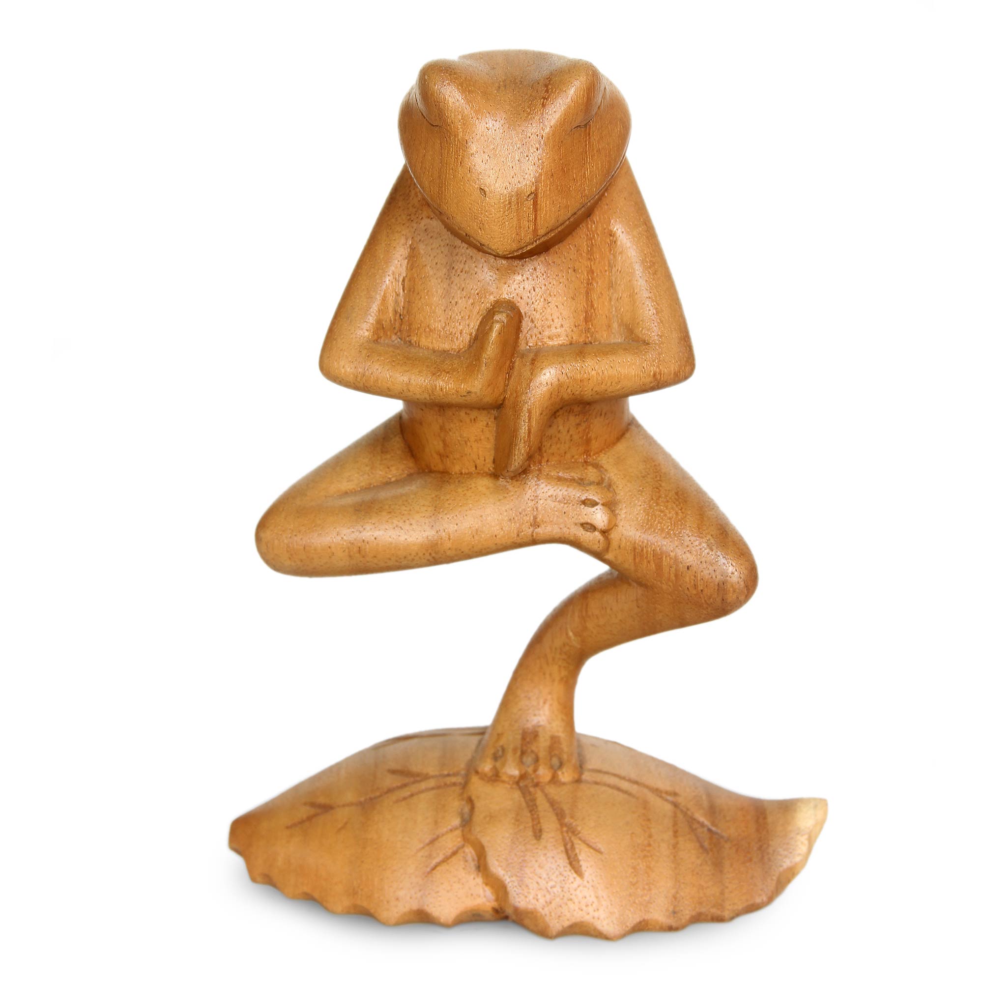Premium Yoga Tree Pose Frog Sculpture - Handcrafted Suar Wood Art
