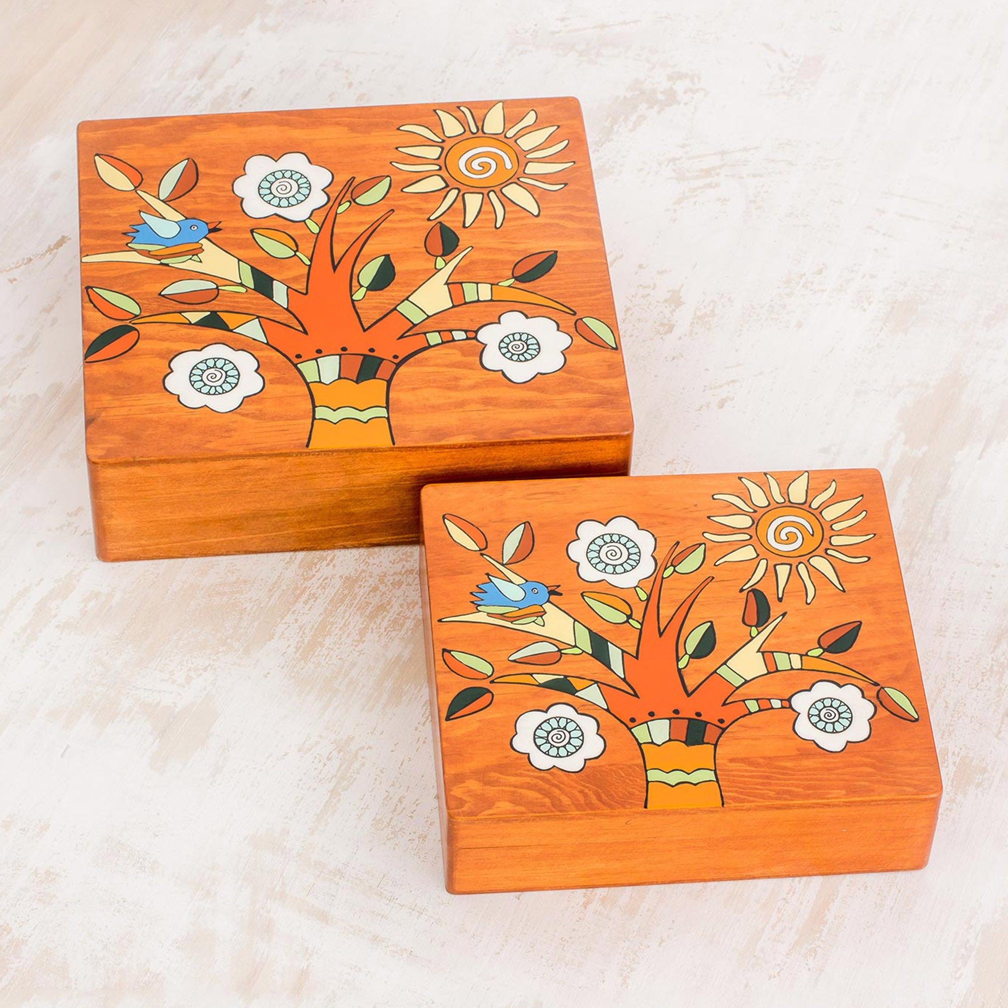 Premium Handcrafted Pinewood Decorative Box Set with Flowering Tree Design