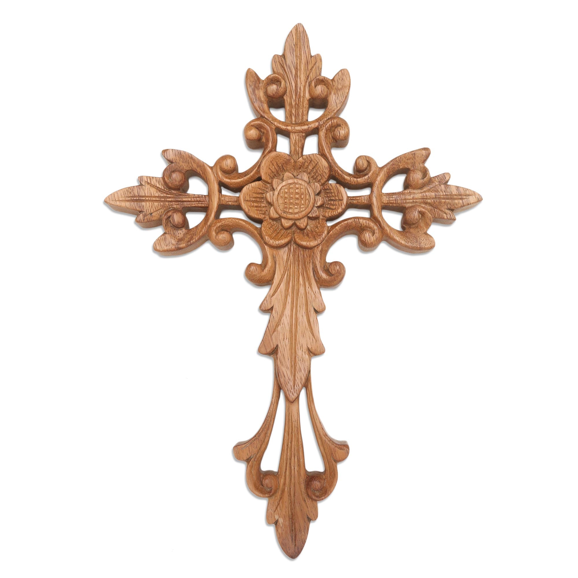 Premium Handcrafted Suar Wood Wall Cross with Floral Accent