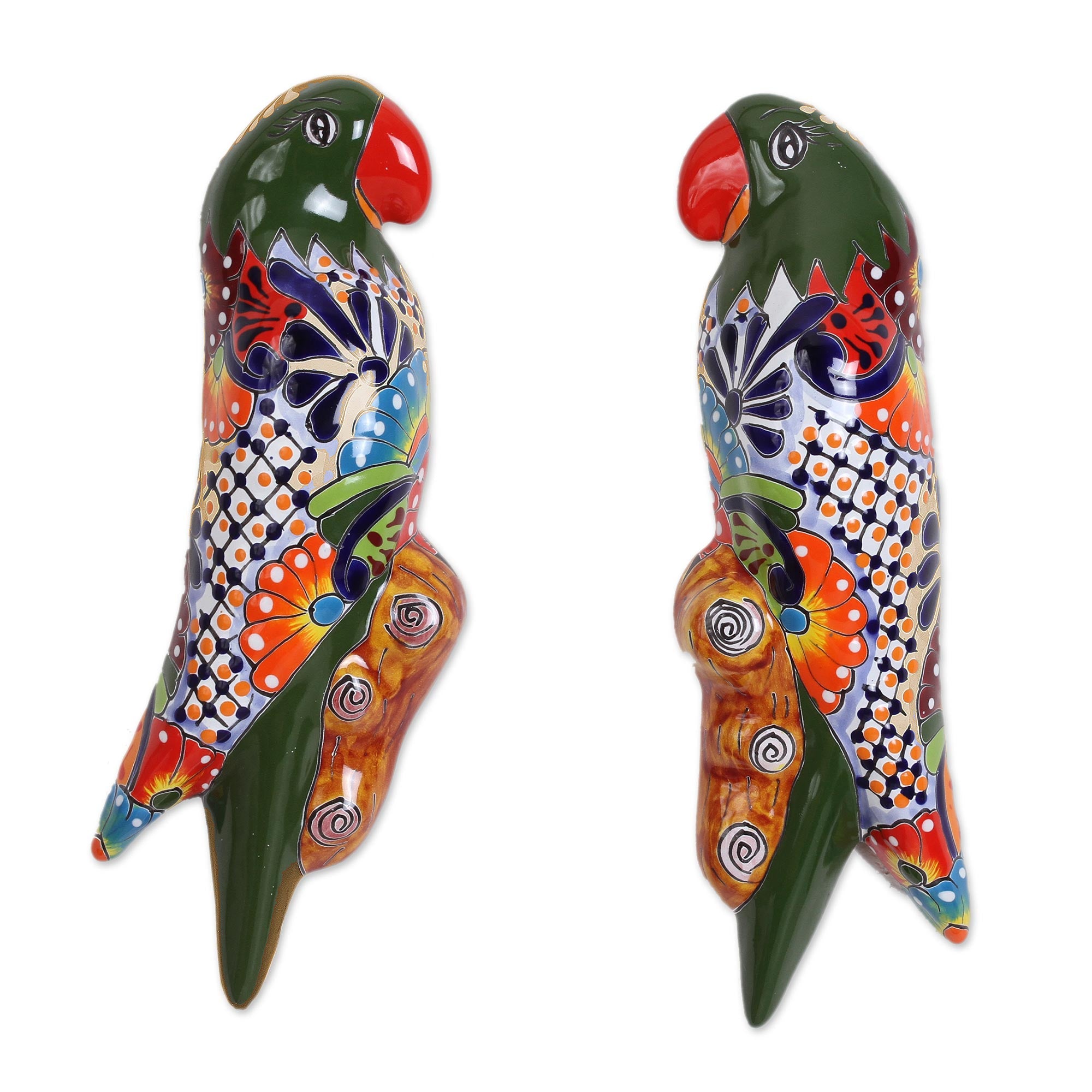 Premium Talavera-Style Parrot Wall Sculptures by Sergio Ponce (Pair)