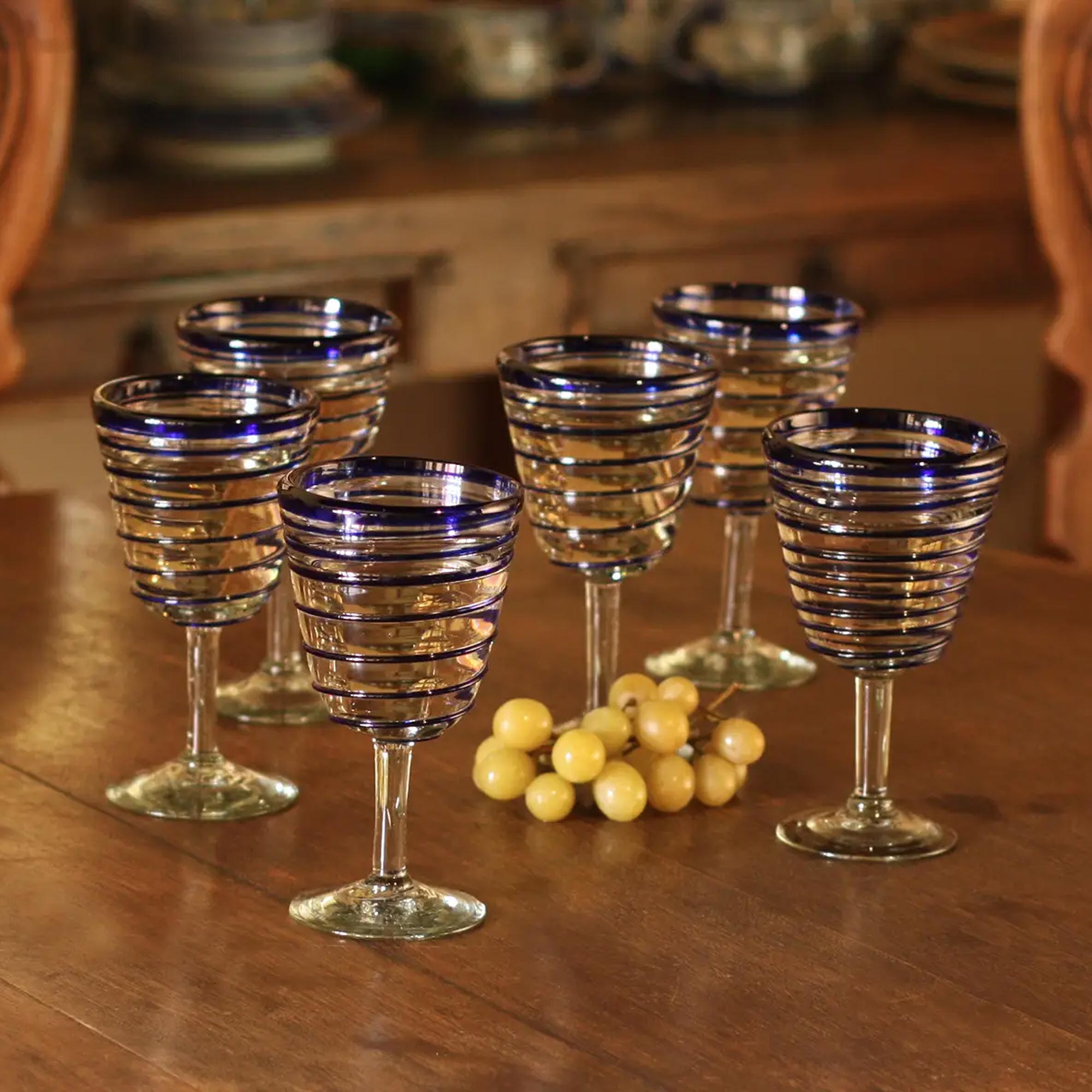 Premium Handblown Cobalt Spirals Recycled Glass Wine Glasses - Set of 6