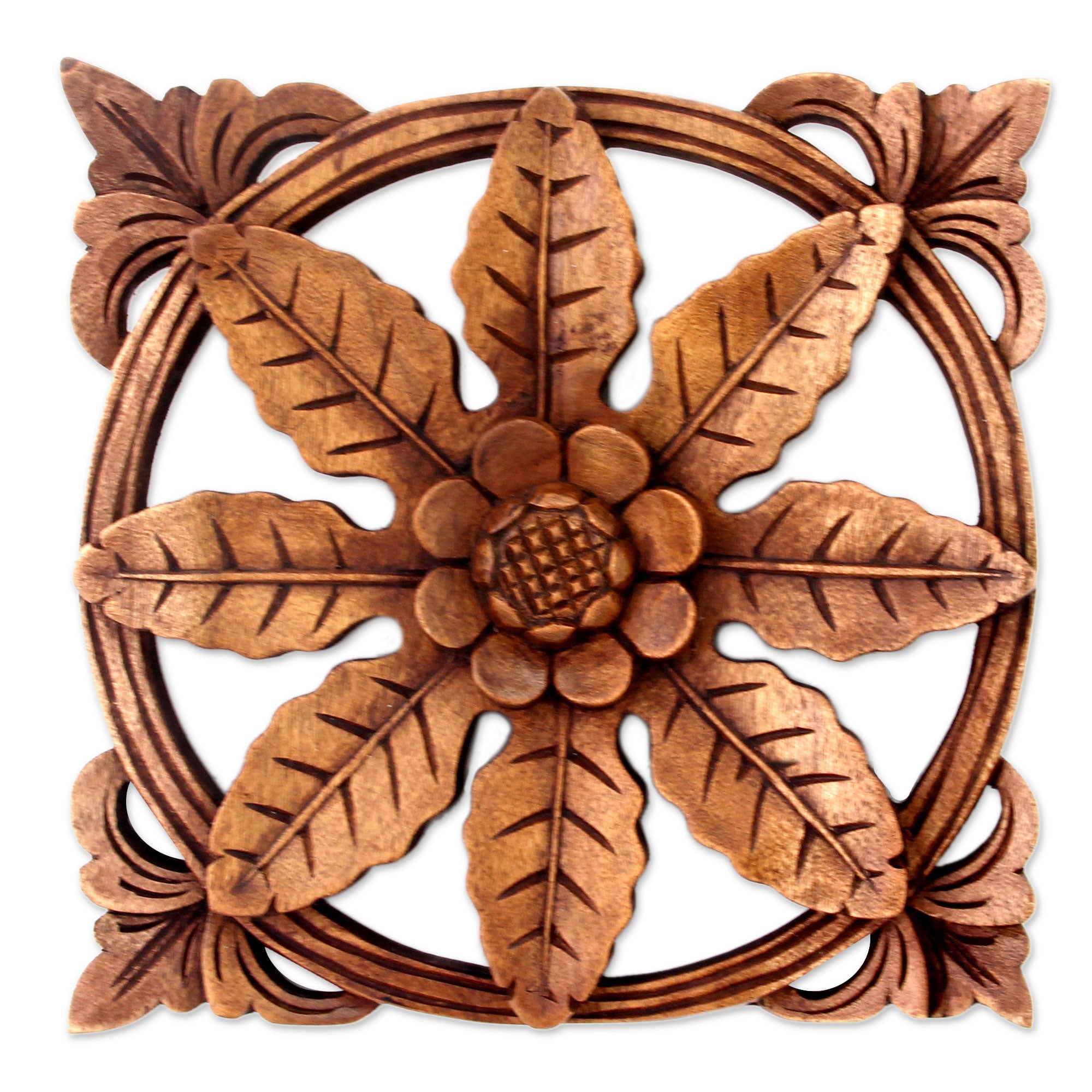 Premium Balinese Flower Wood Wall Panels - Handcrafted Suar Wood Trio