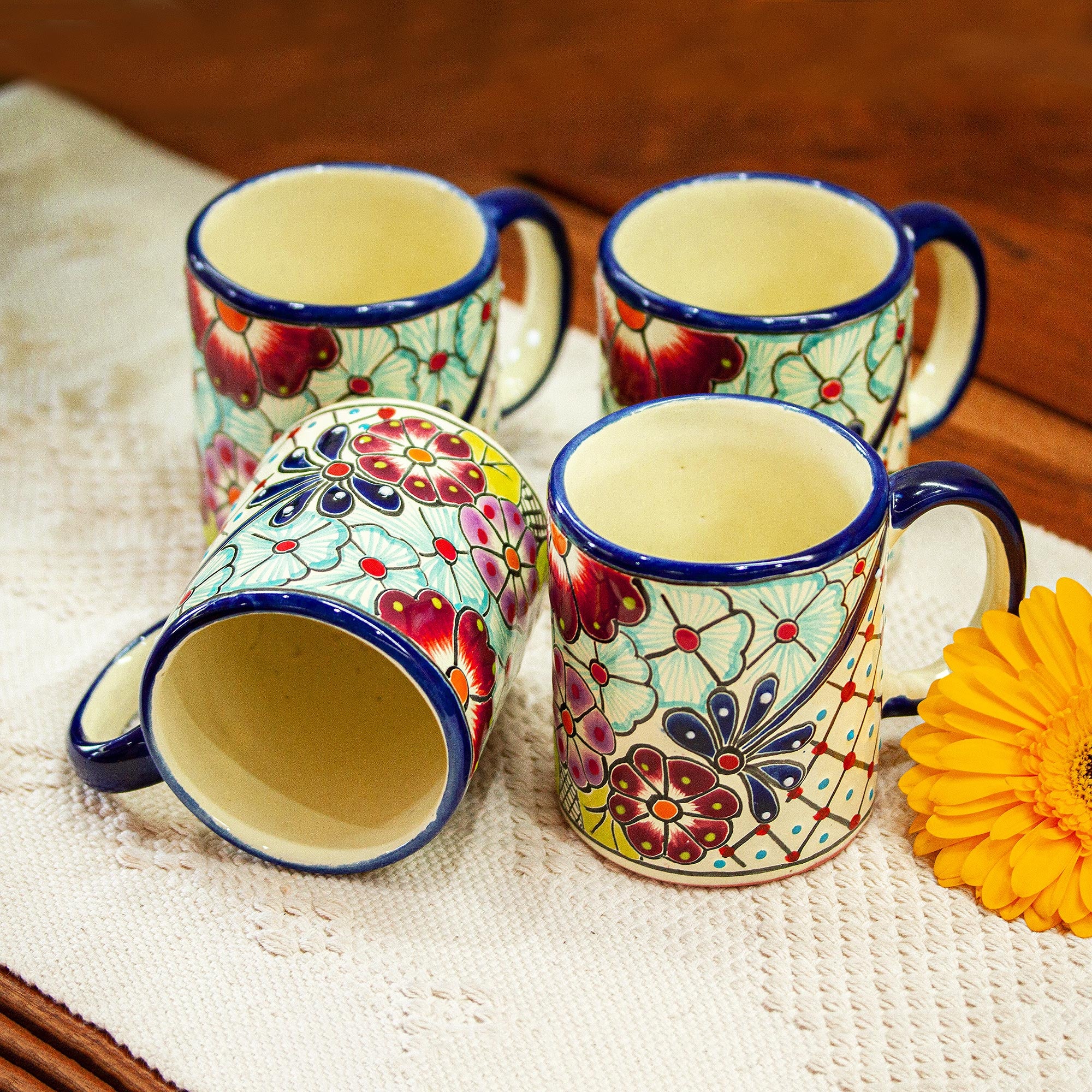 Premium Talavera-Style Multicolored Ceramic Mugs - Set of 4 (Handcrafted in Mexico)