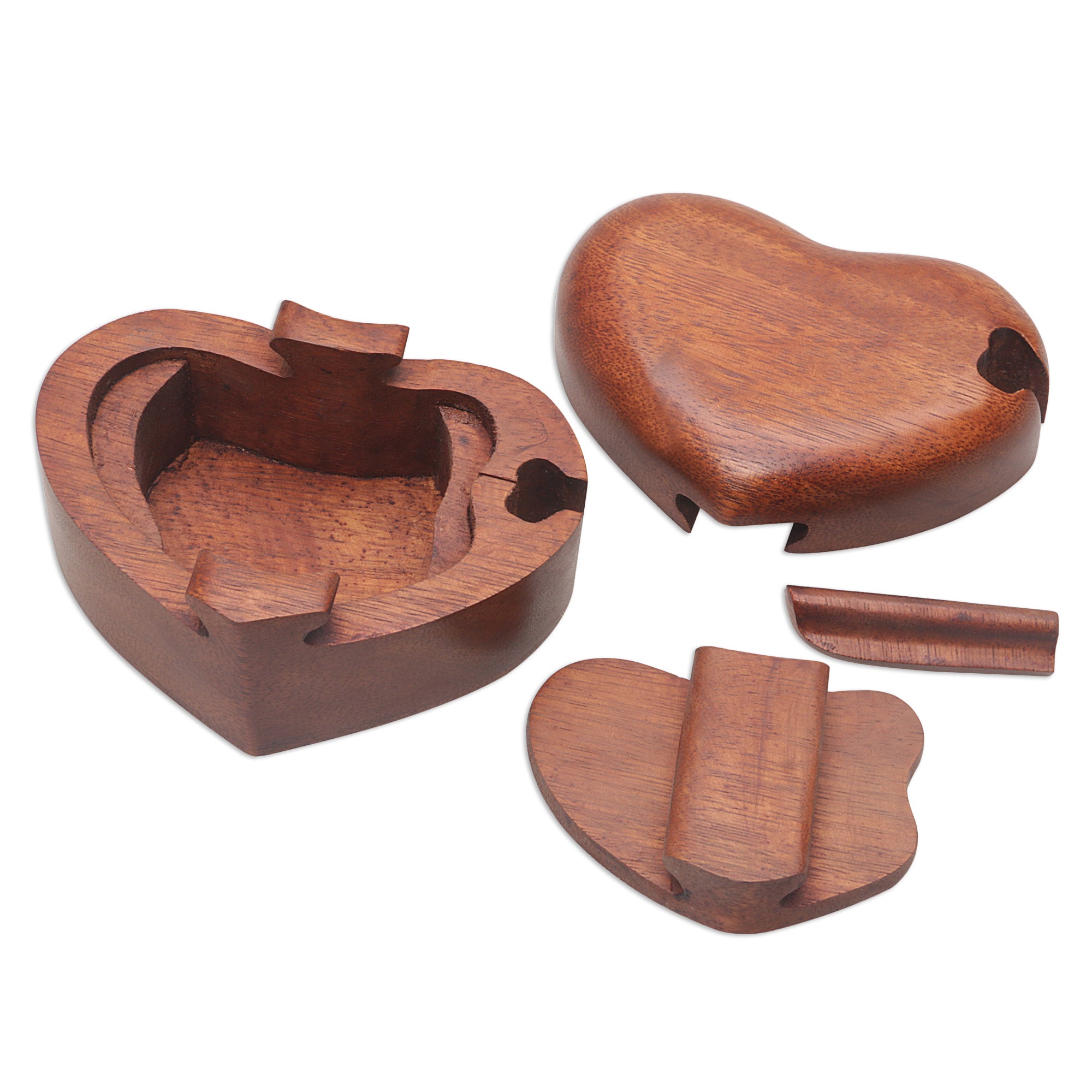 Premium Hand-Carved Suar Wood Puzzle Heart Box from Bali - Romantic Keepsake