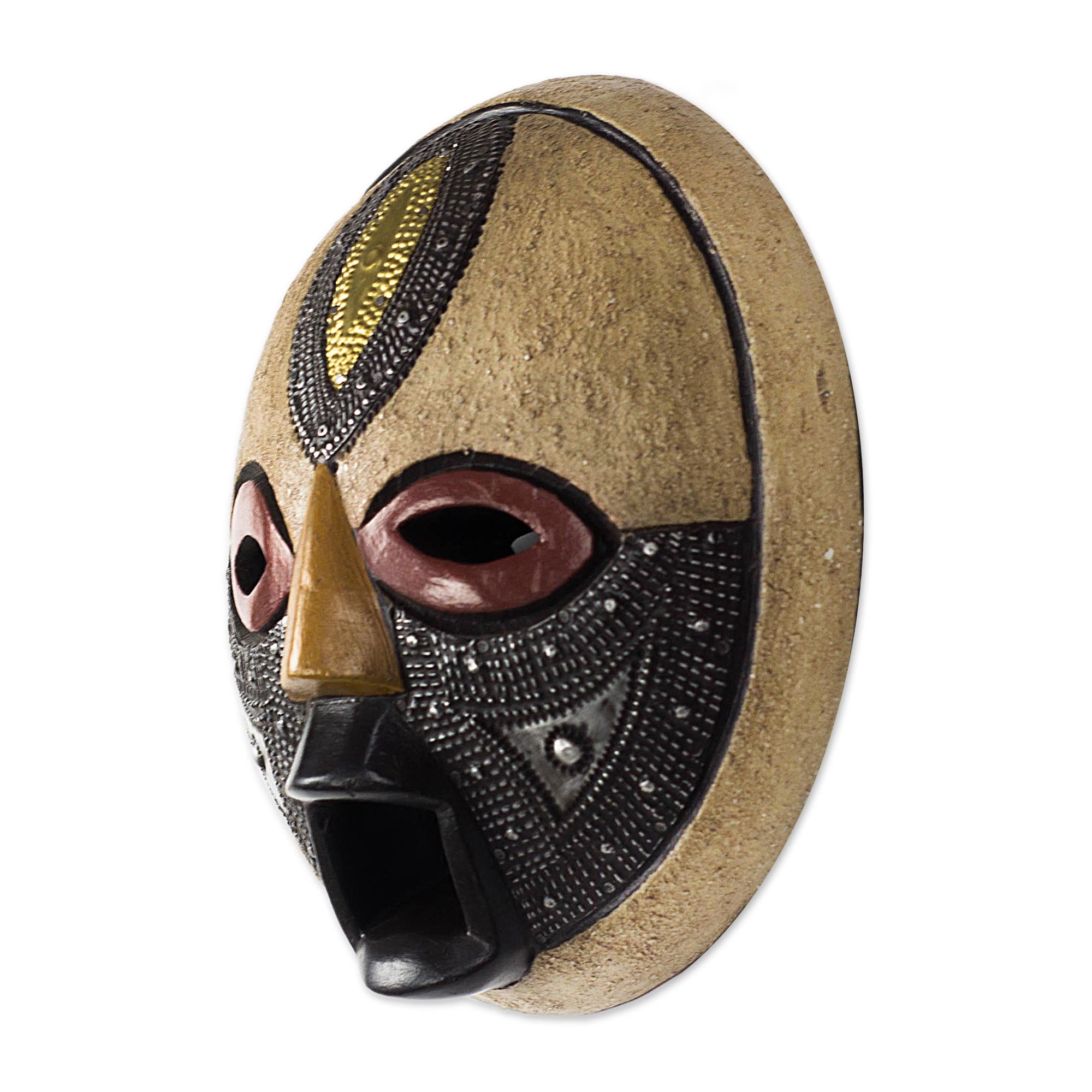 Premium Third Eye African Wood Mask with Brass & Aluminum Accents - Handcrafted Wall Decor