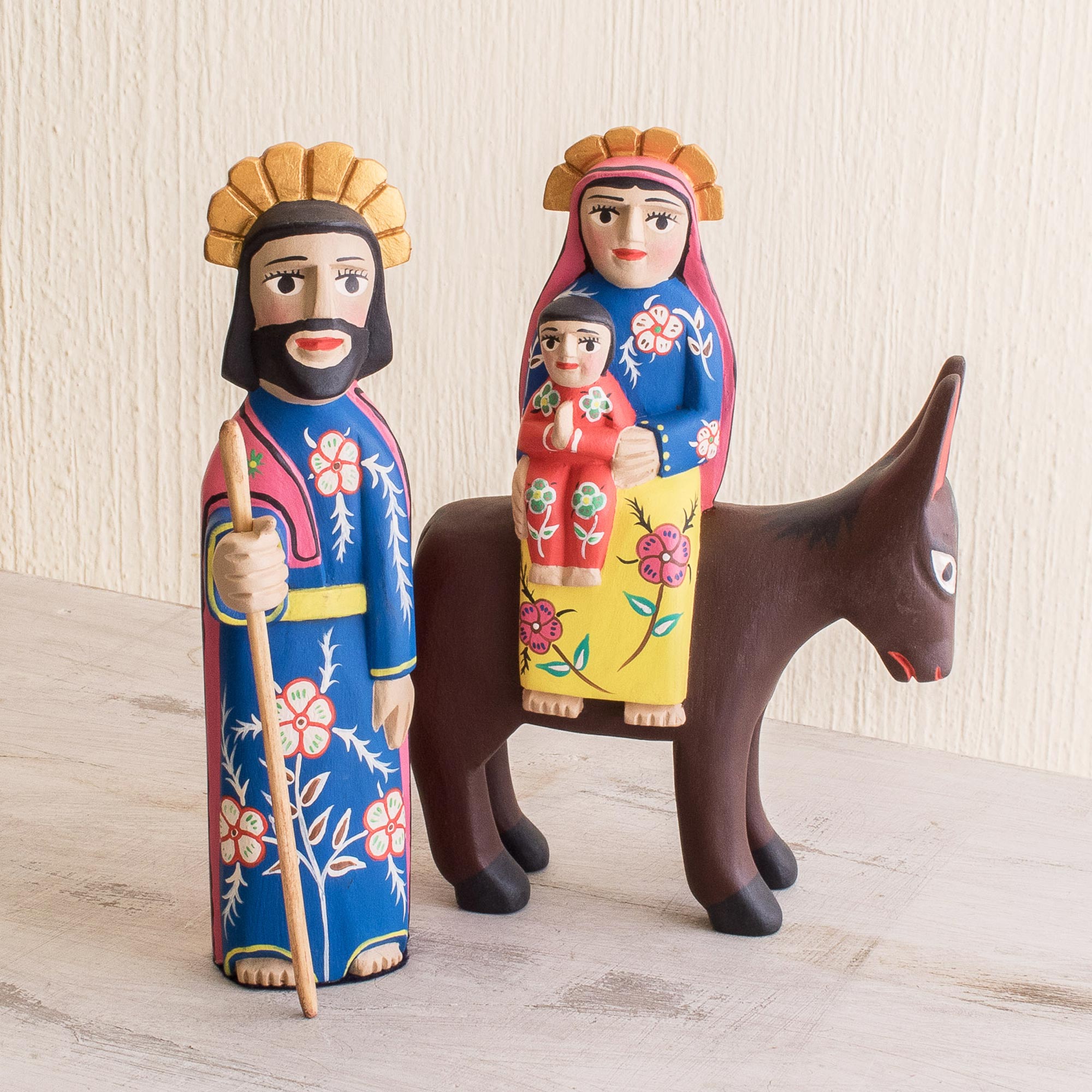Premium Hand-Carved Wooden Sculptures: The Holy Family's Flight to Egypt