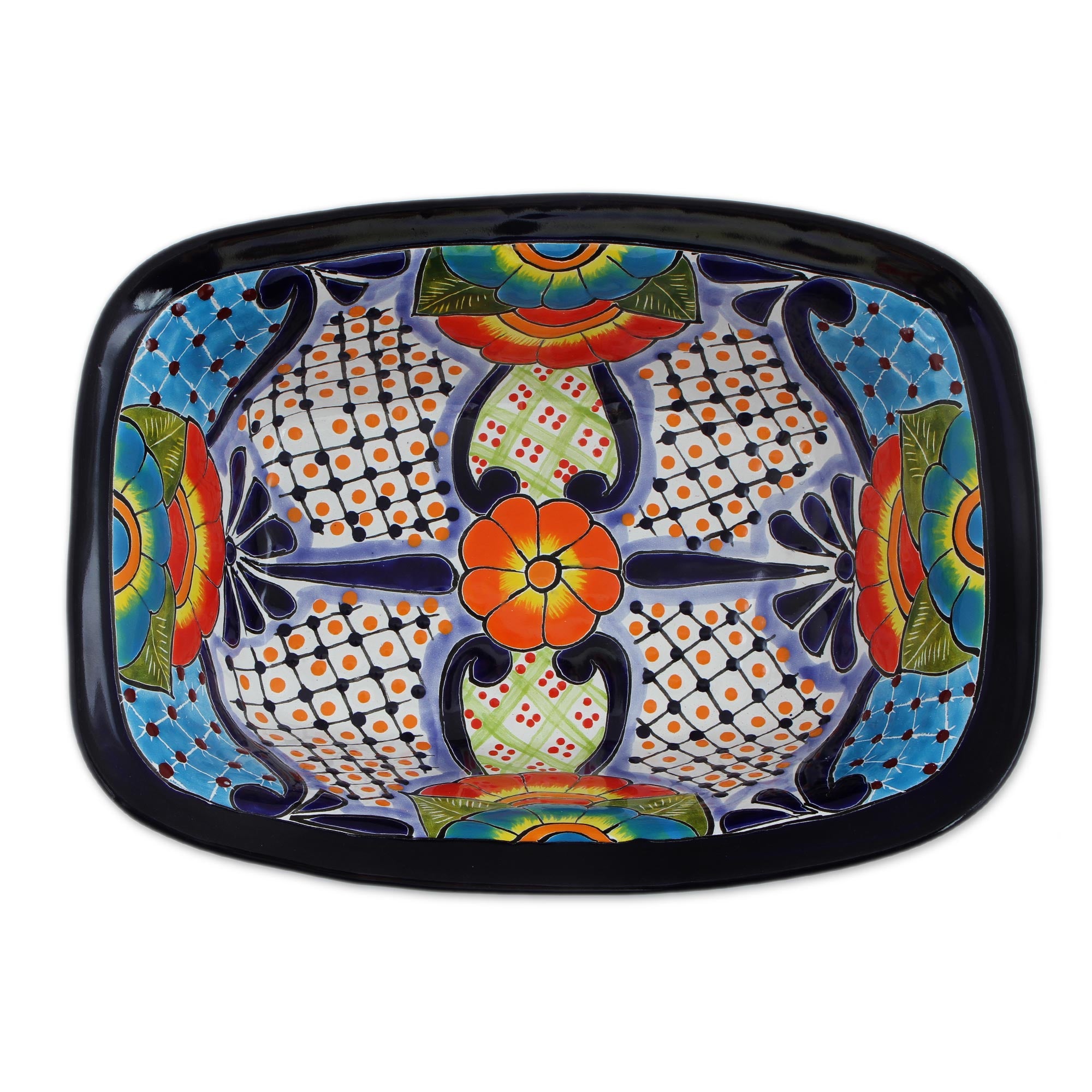 Premium Hand-Painted Talavera Ceramic Serving Bowl - Raining Flowers Design