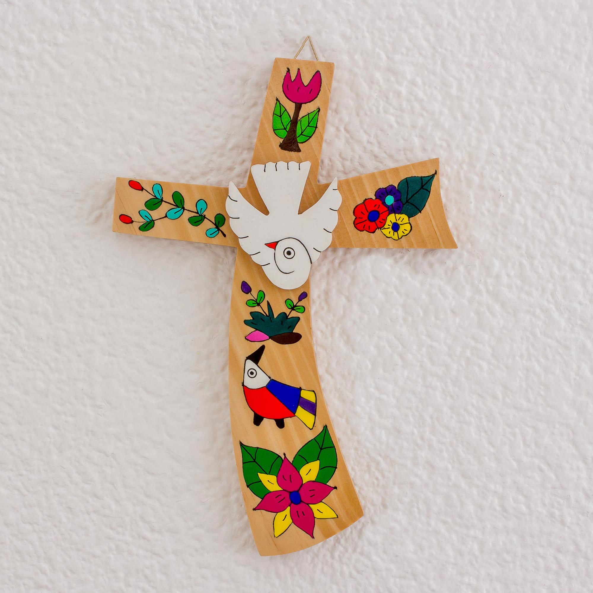 Premium Hand-Painted Pinewood Wall Cross with Bird & Floral Motifs – Holy Spirit Dove Design