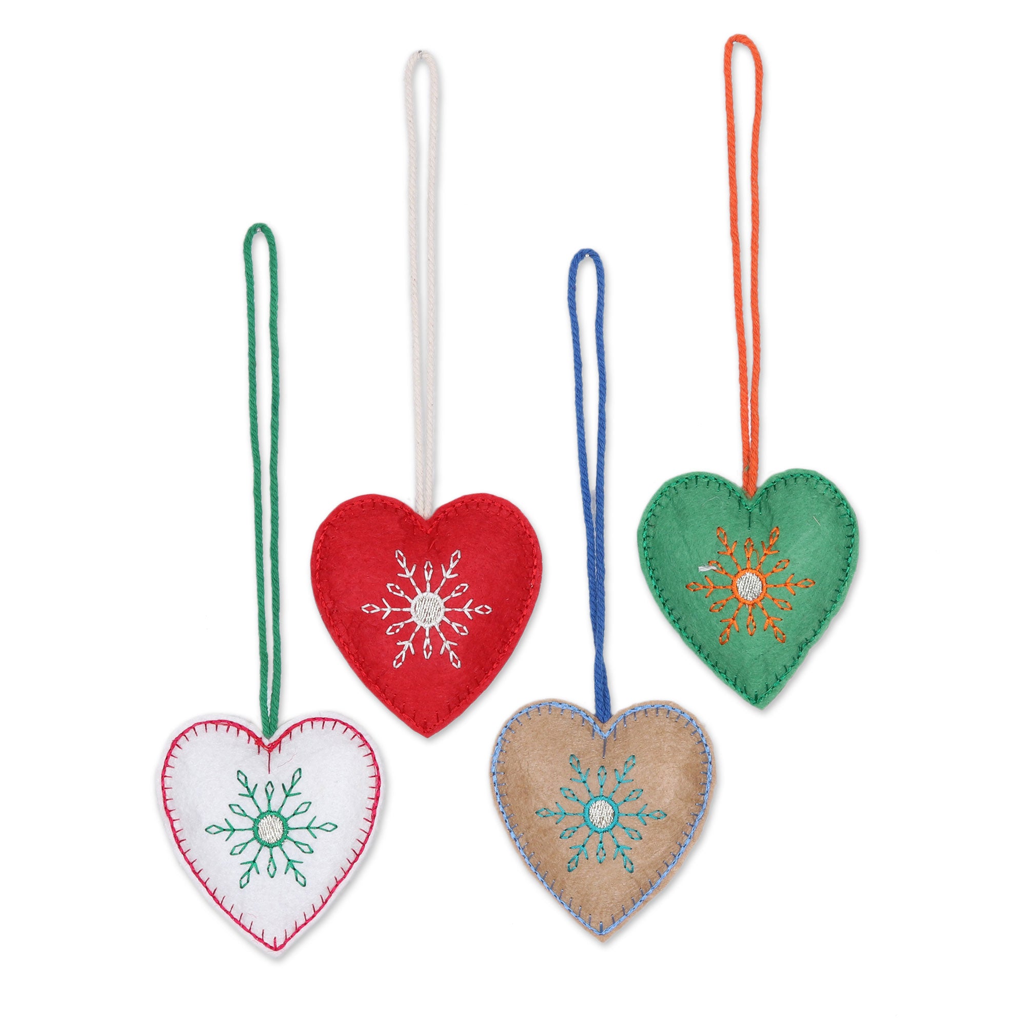 Premium Handcrafted Folk Art Heart Ornaments - Set of 4 Assorted Colors