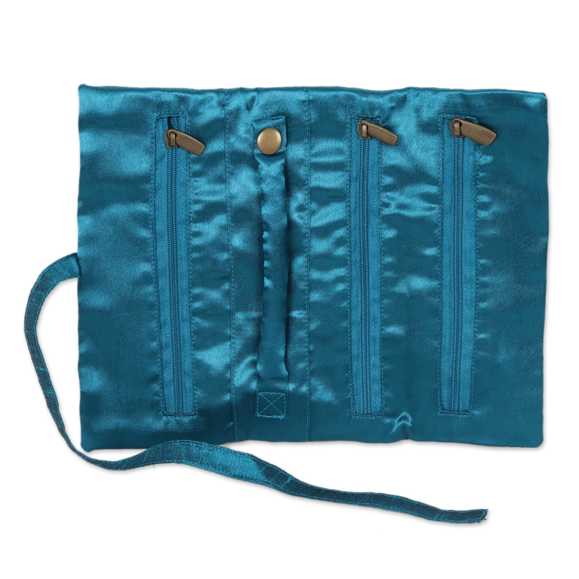 Premium Royal Peacock Silk Jewelry Roll - Turquoise Embroidered Travel Organizer