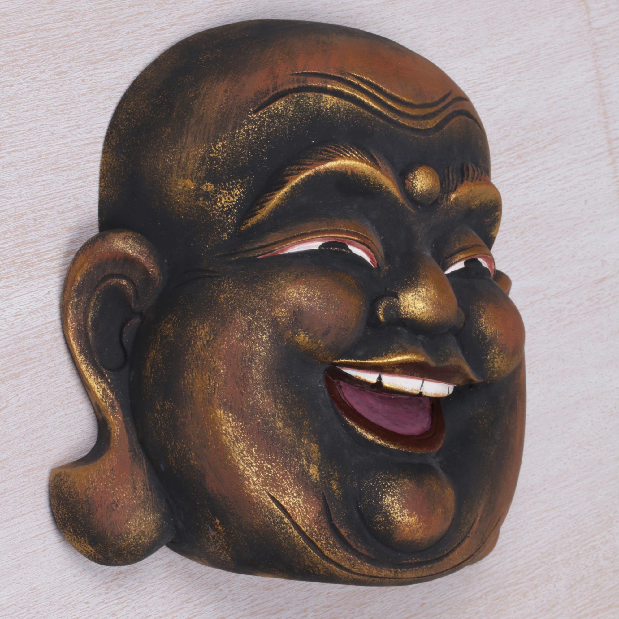 Premium Gold-Tone Balinese Laughing Buddha Wood Wall Mask - Handcrafted Art Piece